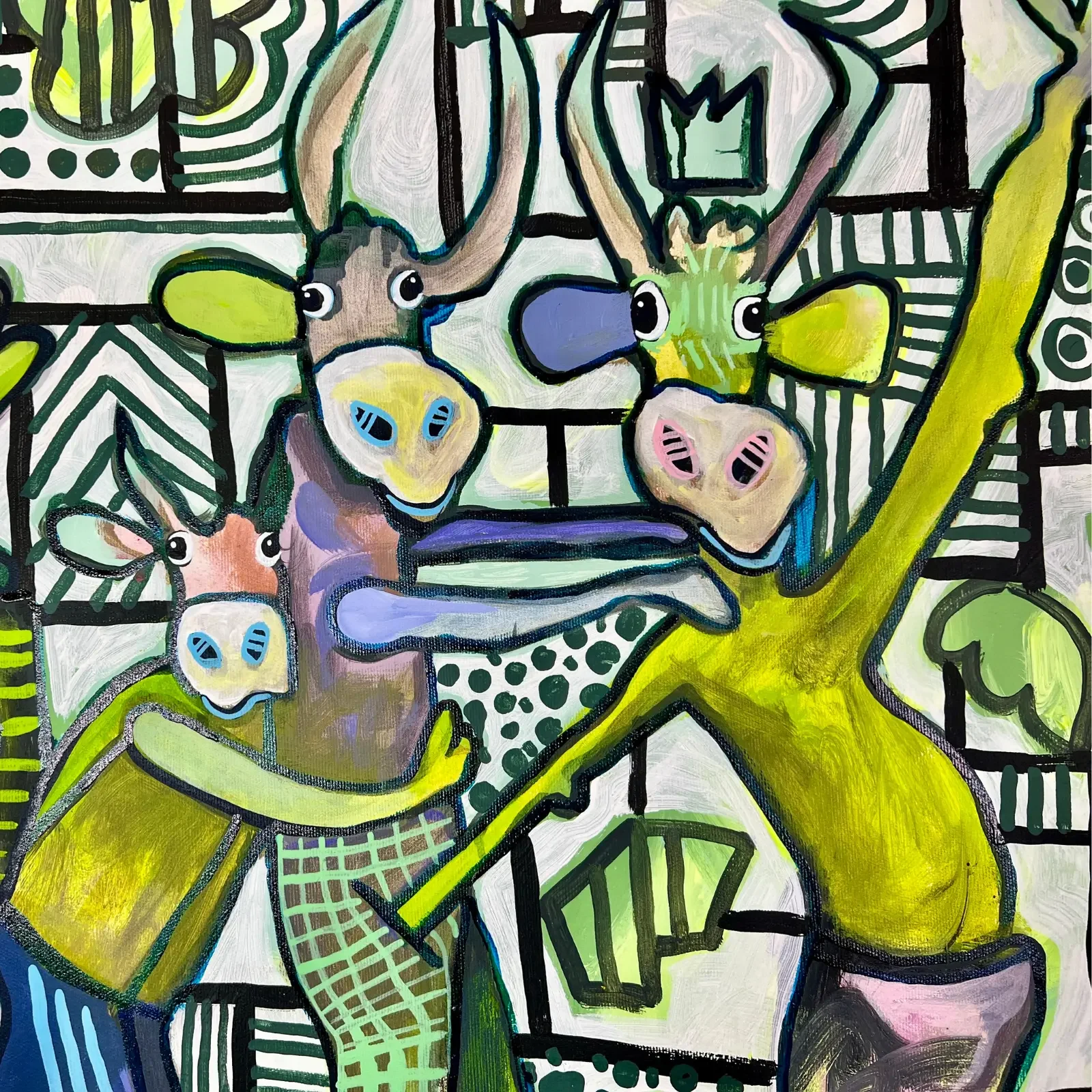 Detail Figuren und Kuhgesichter im Muster, Pop Art Acrylgemälde With A Little Help From My Friends – Green Groove, Fredi Gertsch, 2026
