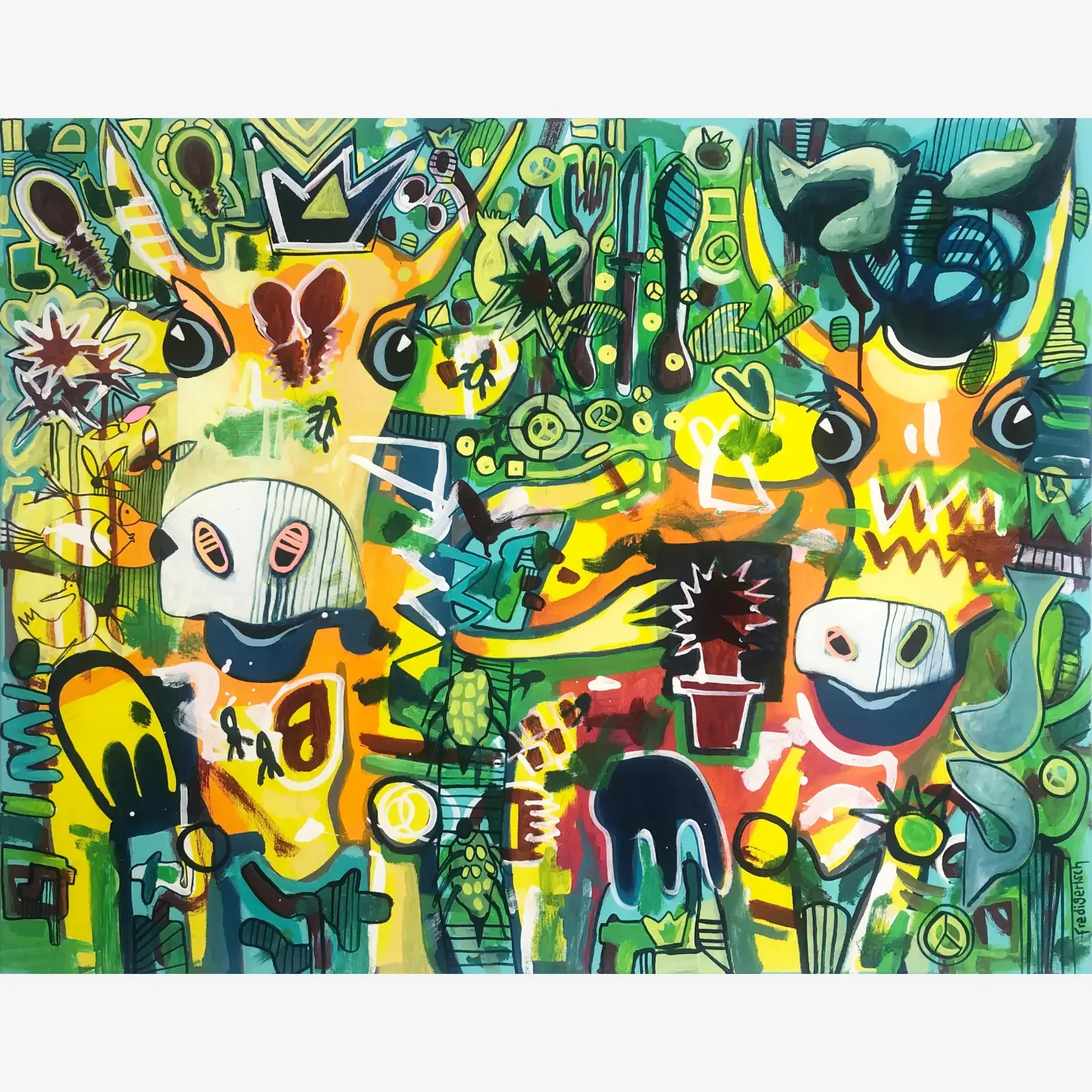 Just Us Two – Electric Jungle Vibes, Pop Art Acrylgemälde auf Leinwand mit zwei Figuren, Dschungelgrün und Symbolen, Fredi Gertsch, 2020
