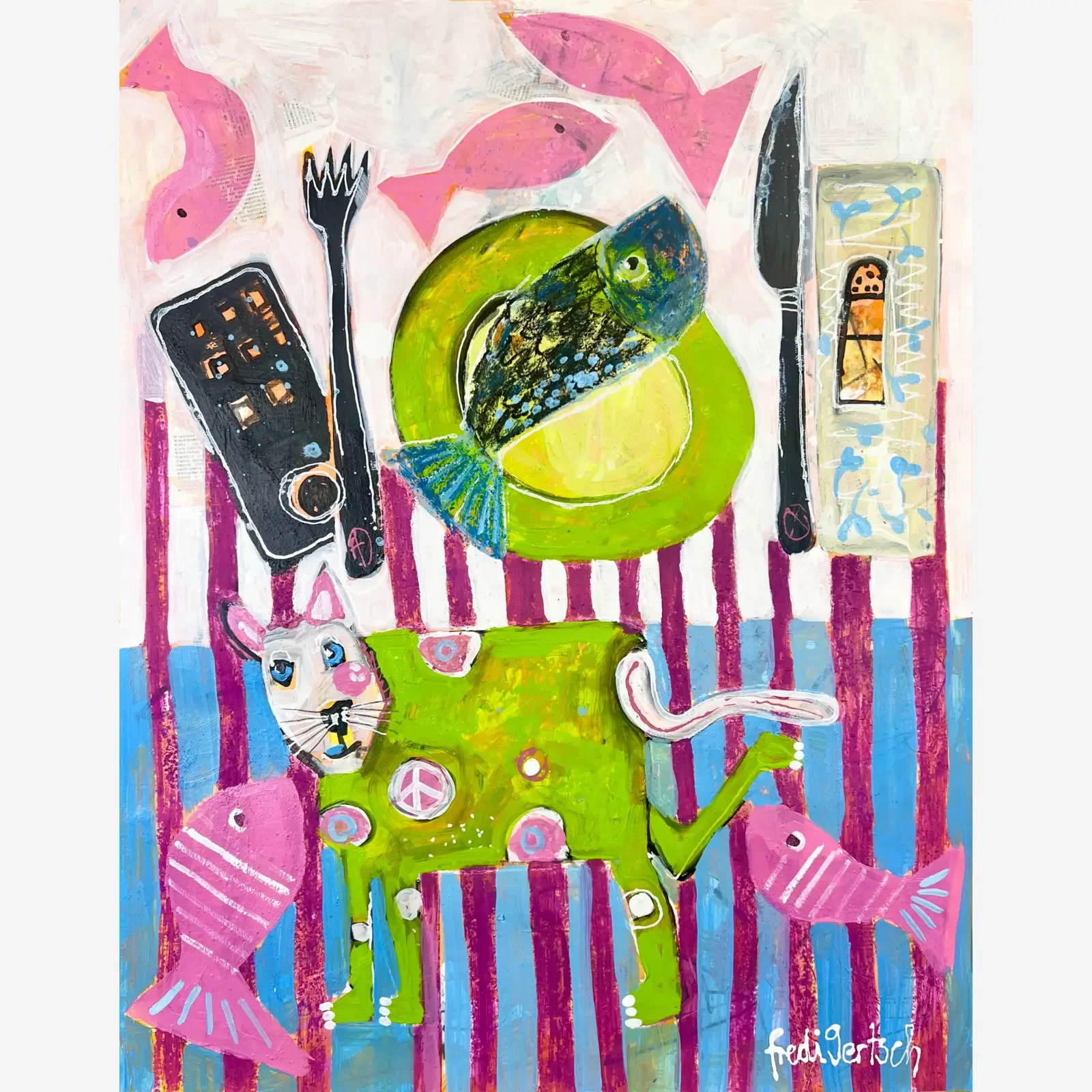 Katerfrühstück, Pop Art Acrylgemälde auf Papier mit grüner Katze, Fischen und Frühstückstisch, Fredi Gertsch, 2024
