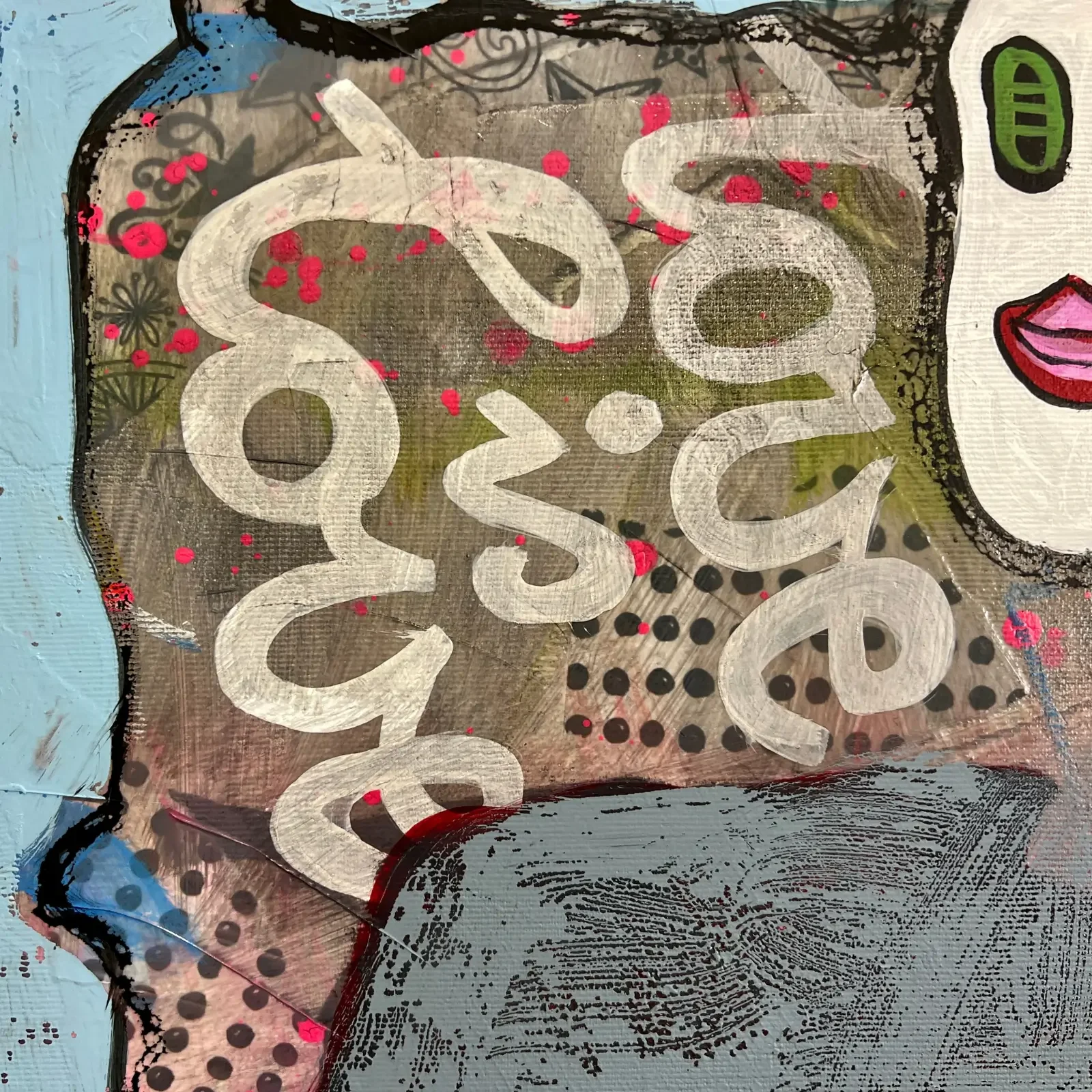 Detail Schriftzug "love is love", Collage-Elemente, Pop Art Acrylgemälde Autumn Love, Fredi Gertsch, 2025