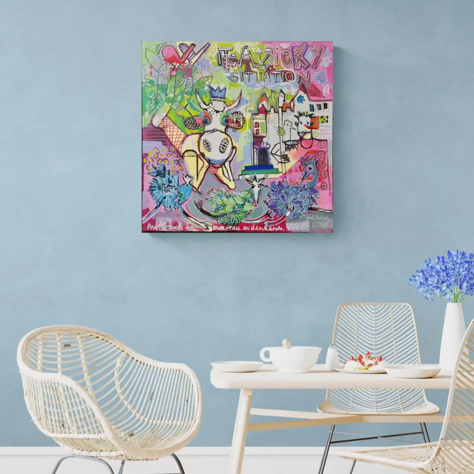 It’s a tricky situation, Pop Art Acrylgemälde von Fredi Gertsch, Wandbild im Café, Collage-Stil, 2024