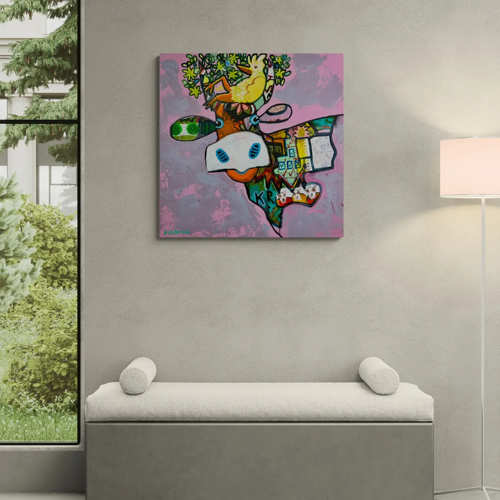VogelLisi – Bird on Bloom von Fredi Gertsch, Pop Art Wandbild im Schlafzimmer, 2026