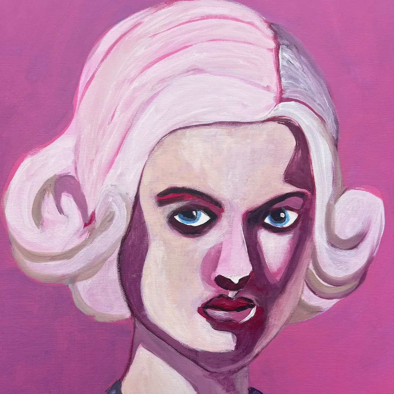 Detail Gesicht der Frau mit blondem Haar, Pop Art Acrylgemälde Barbie & VogelLisi, Fredi Gertsch, 2023