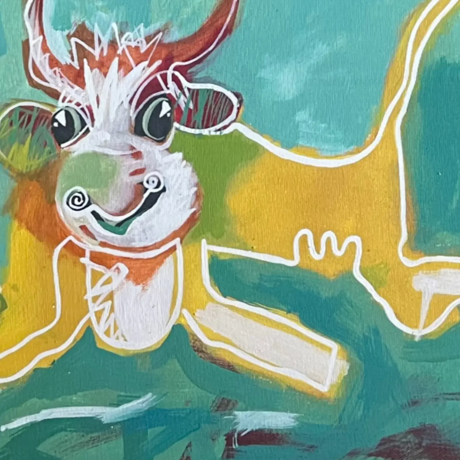 Detail Kuhgesicht mit freundlichem Lächeln, Pop Art Acrylgemälde La Paloma, Palma und Paulchen, Fredi Gertsch, 2015