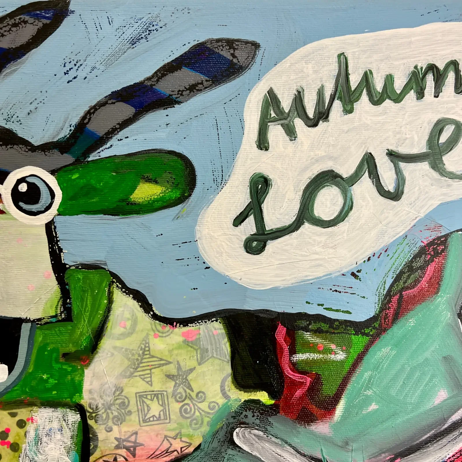 Detail Sprechblase "Autumn Love" mit grünen Akzenten, Pop Art Acrylgemälde Autumn Love, Fredi Gertsch, 2025