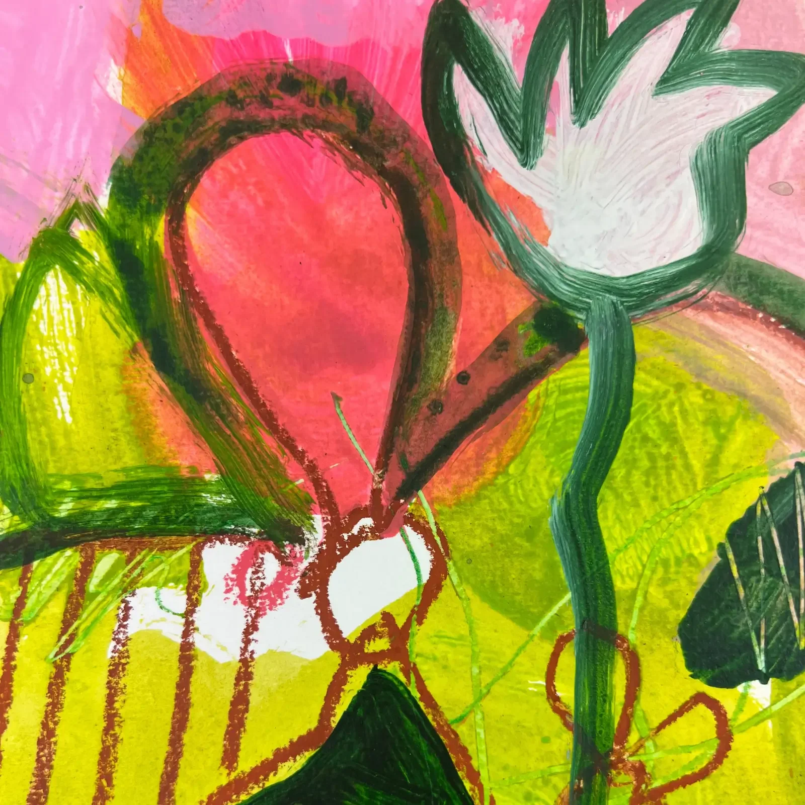 Detail rote Blume mit grünem Hintergrund, Pop Art Acrylgemälde Schafe in der Blumenwiese, Fredi Gertsch, 2024