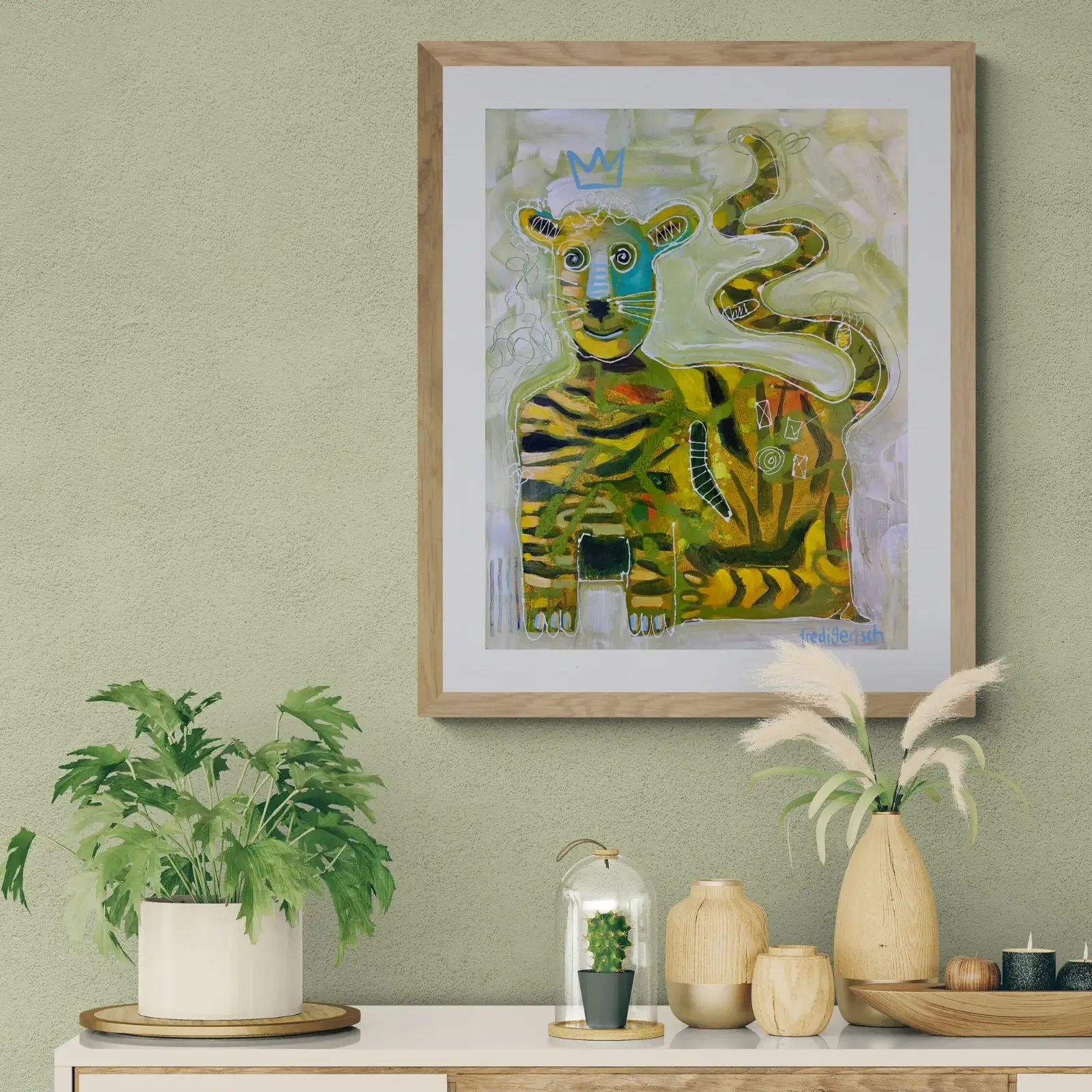 TigerLilly, Pop Art Acrylgemälde von Fredi Gertsch, Wandbild im Wohnzimmer mit Pflanzen, Schweizer Kunst, 2024