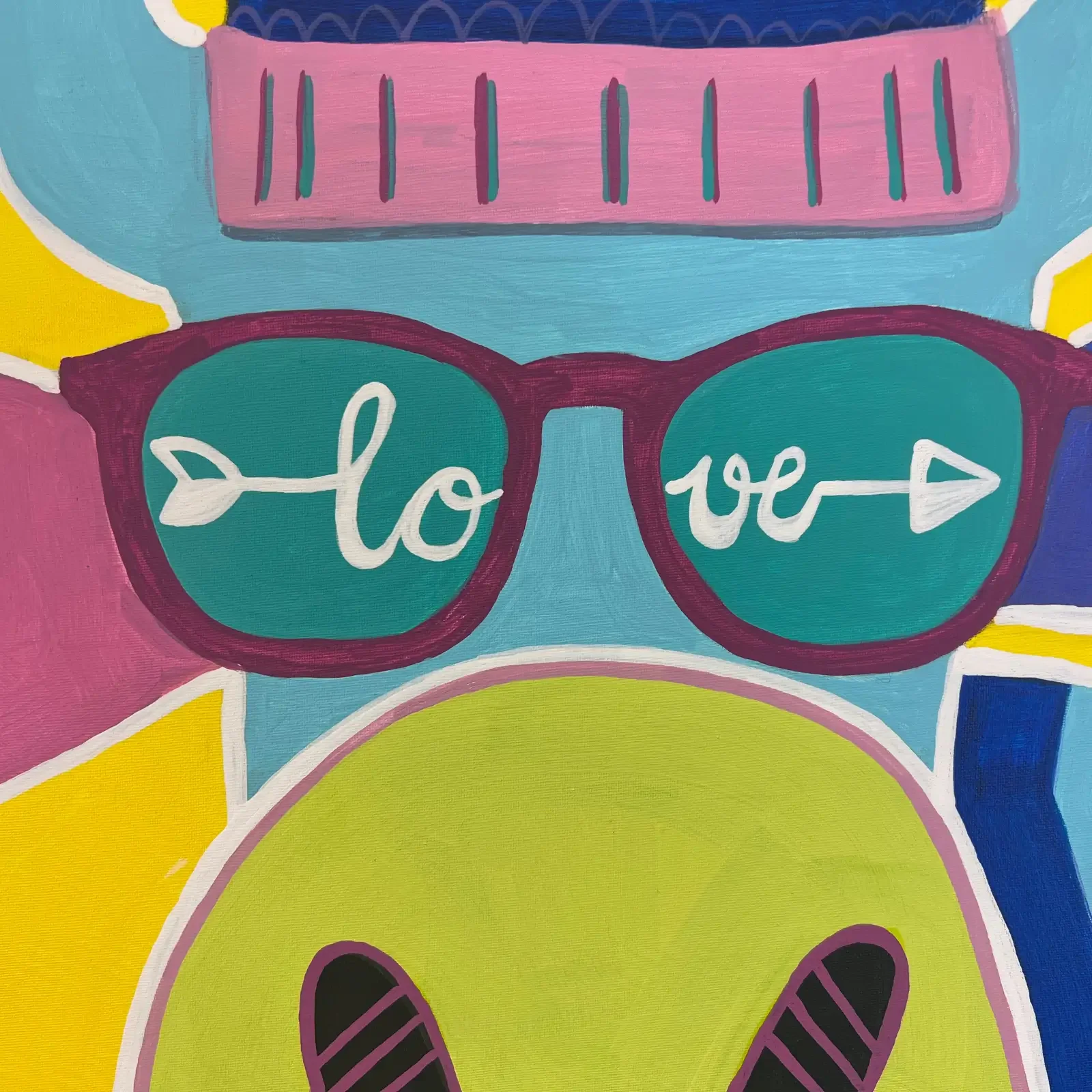 Detail Sonnenbrille mit Schriftzug "love", Pop Art Acrylgemälde VogelLisi Love, Fredi Gertsch, 2022