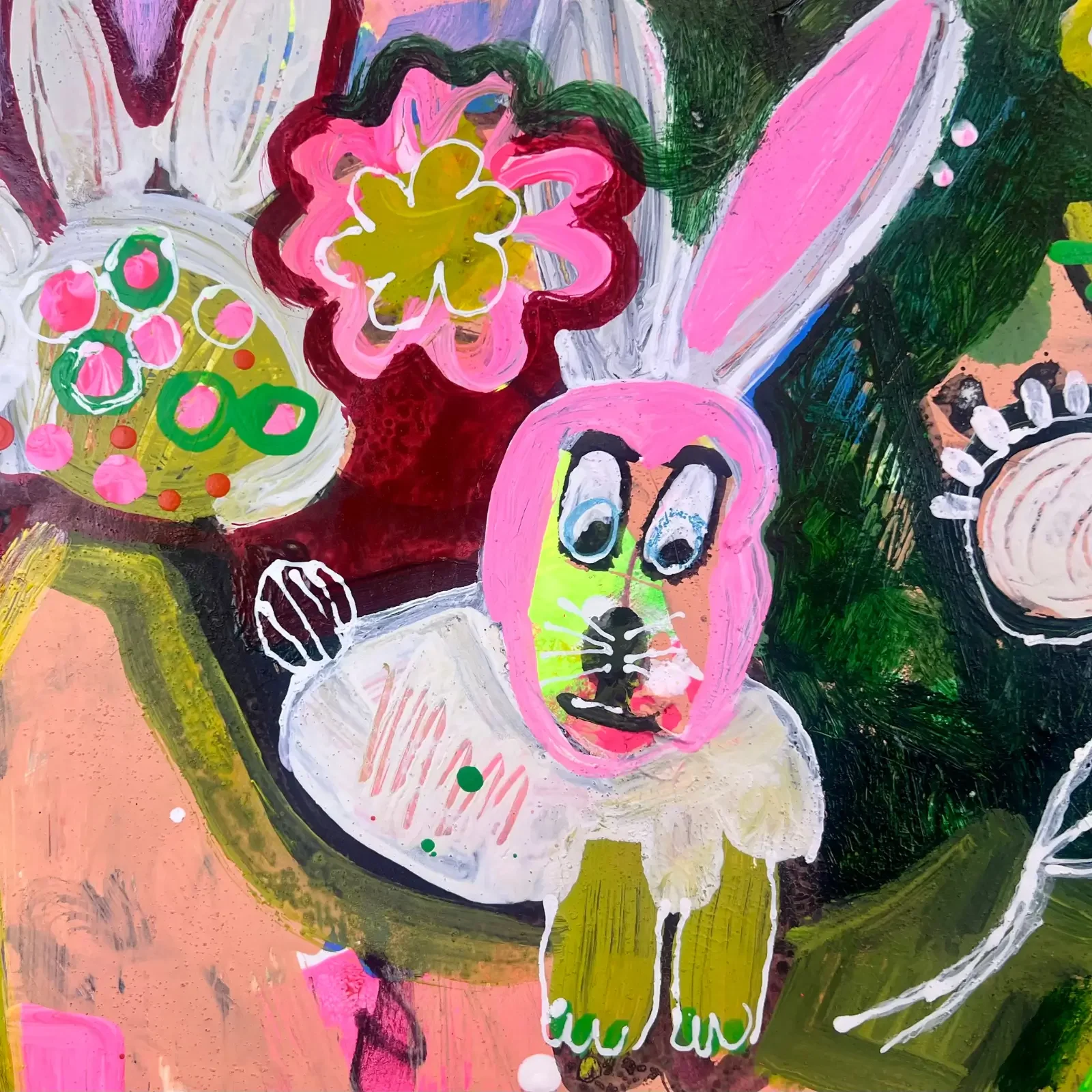 Detail Hase mit Blume und Pilz, Pop Art Acrylgemälde Hasilein, du musst nicht traurig sein, Fredi Gertsch, 2024