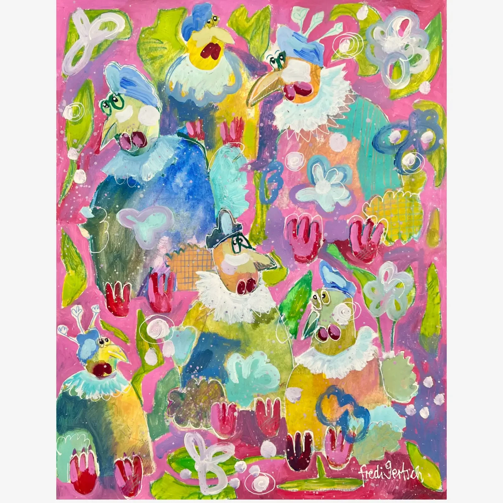 Traumvögel im Blütenmeer, Pop Art Acrylgemälde auf Papier mit bunten Paradiesvögeln und Blumen, Fredi Gertsch, 2024