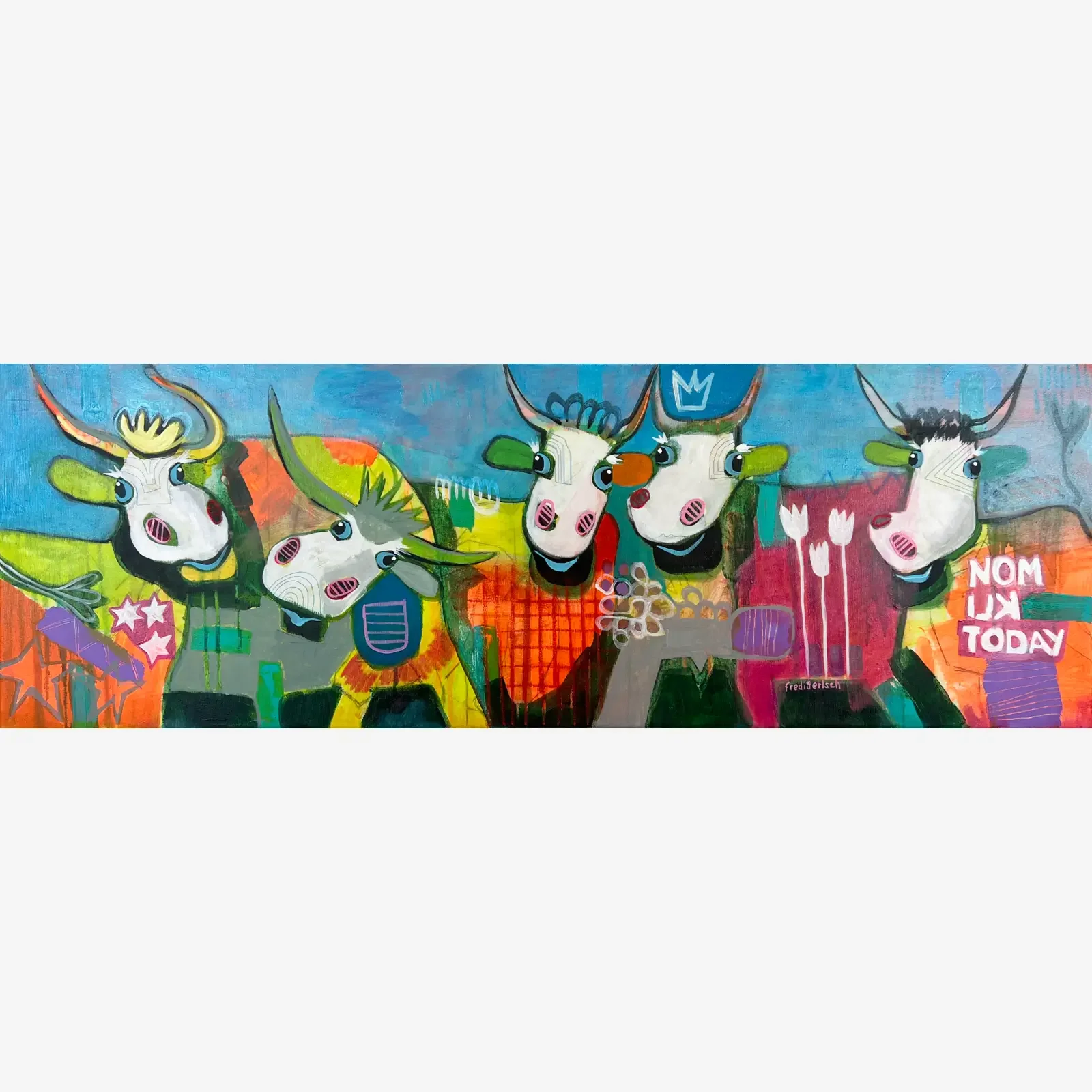 Alpaufzug – Crown Parade, Pop Art Acrylgemälde auf Leinwand mit fünf bunten Kühen, Kronen und Sternen, Fredi Gertsch, 2023