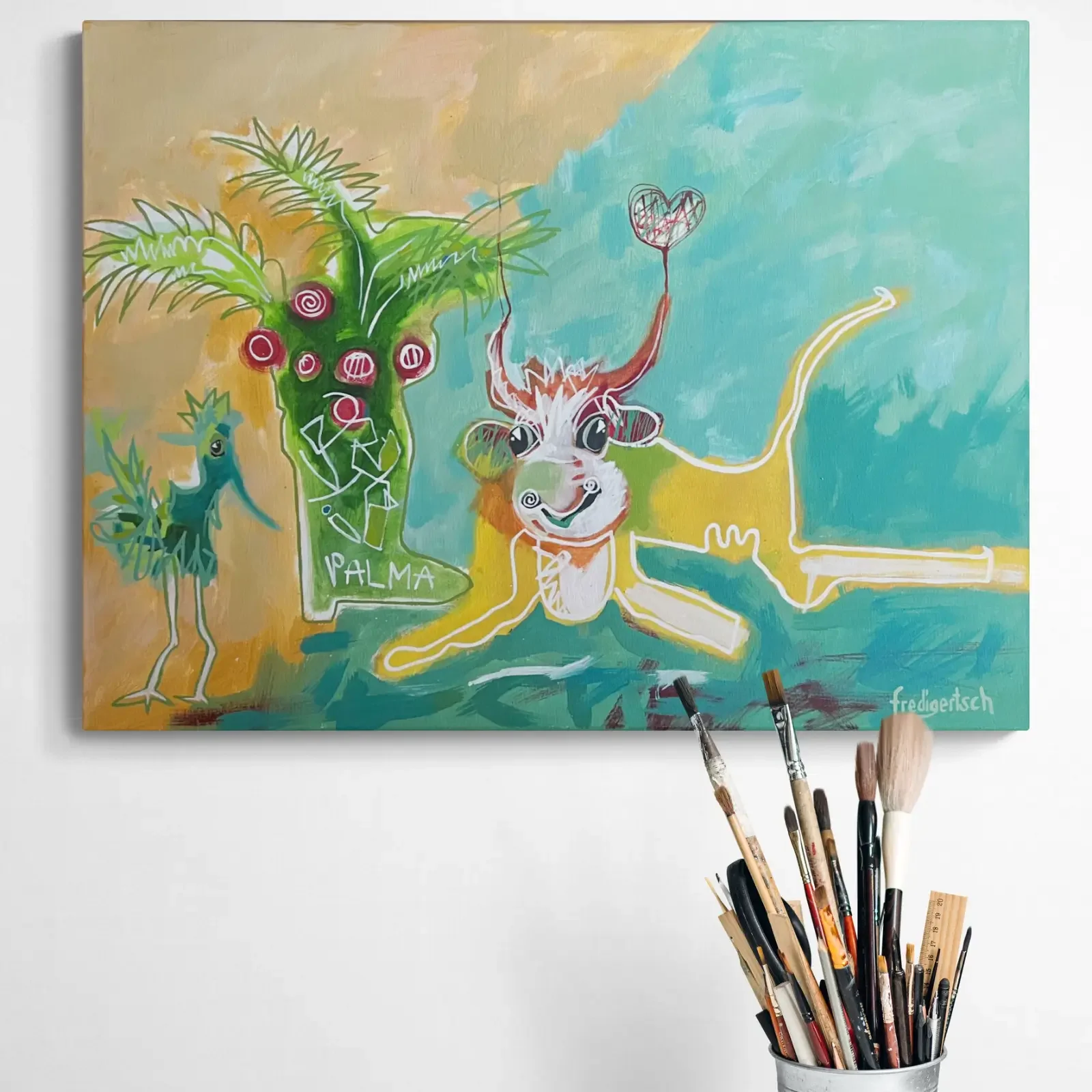 La Paloma, Palma und Paulchen von Fredi Gertsch, Pop Art Acrylgemälde als Wandbild im Atelier, 2015