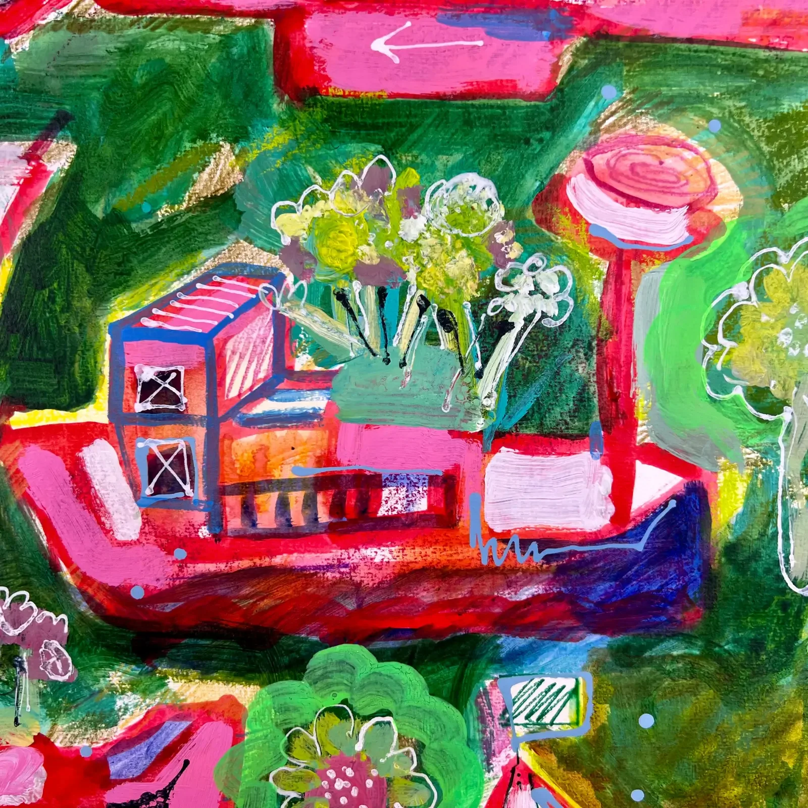 Detail Containerschiff mit Blüten, Pop Art Acrylgemälde Schiff ahoi im Blütenmeer, Fredi Gertsch, 2024