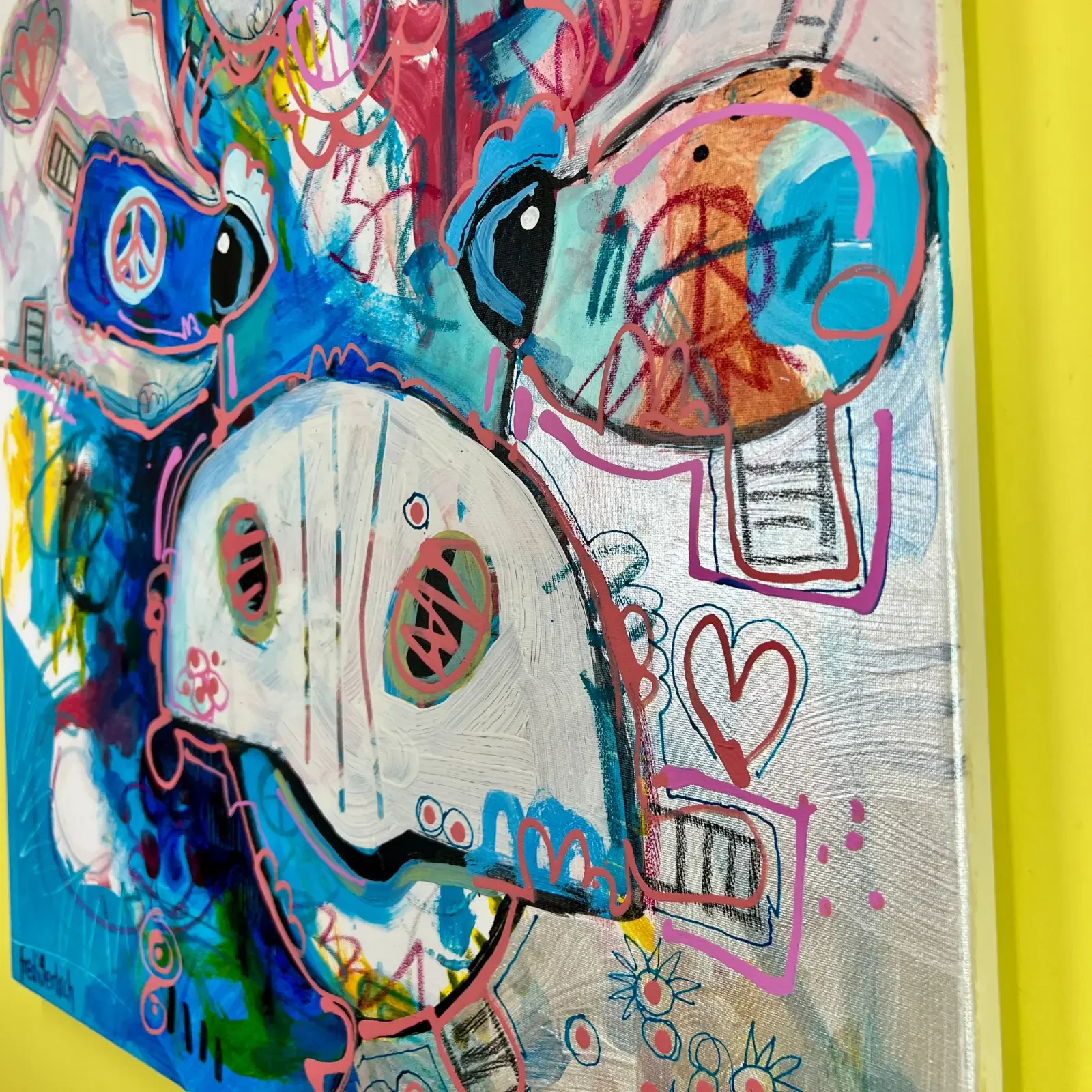 Detail bunte Linien und Gesicht der blauen Kuh, Pop Art Acrylgemälde VogelLisi – Blue Harmony, Fredi Gertsch, 2026