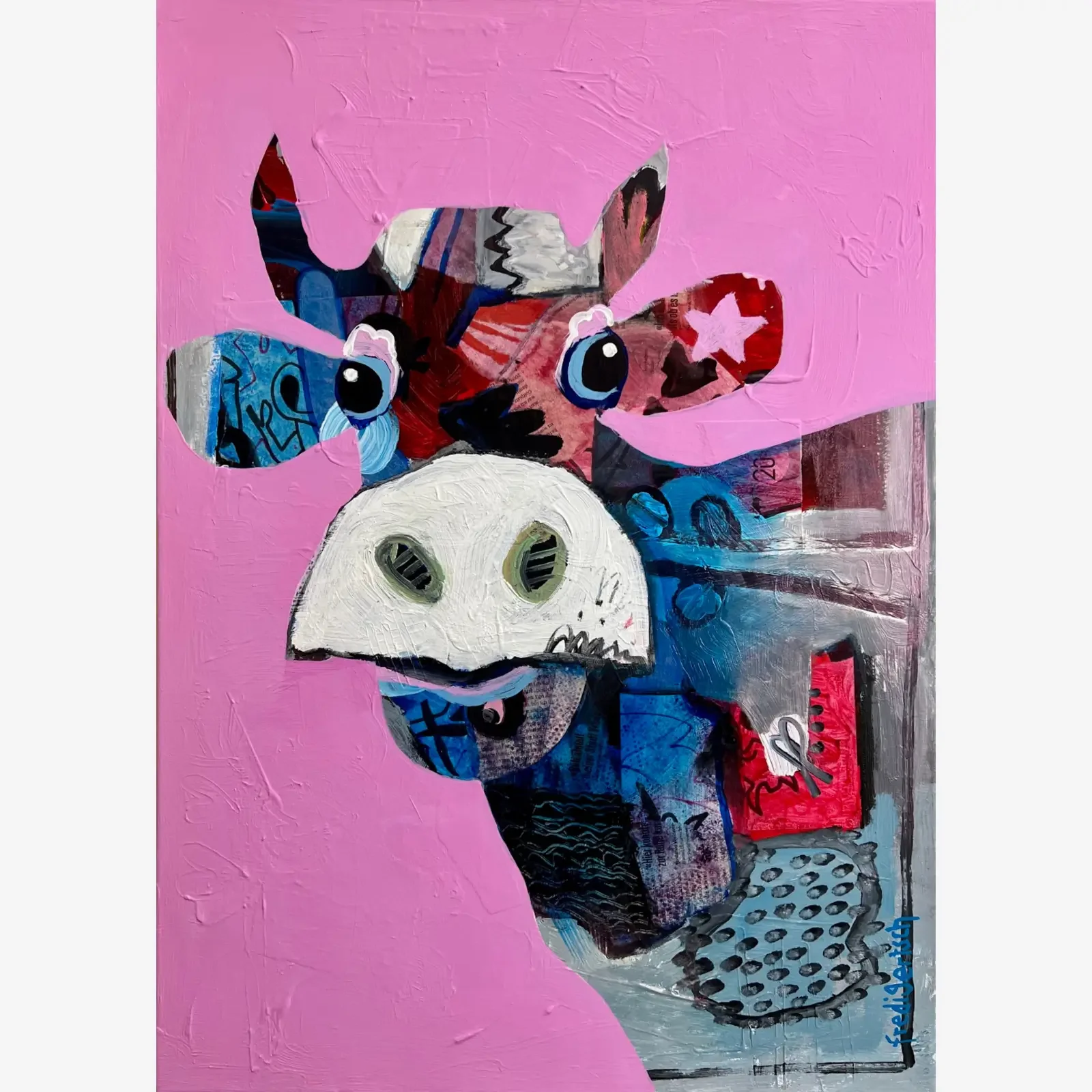 VogelLisi Sternenzauber, Pop Art Acrylgemälde auf Leinwand mit Kuh, Collage, Sternen und pinkem Hintergrund, Fredi Gertsch, 2025
