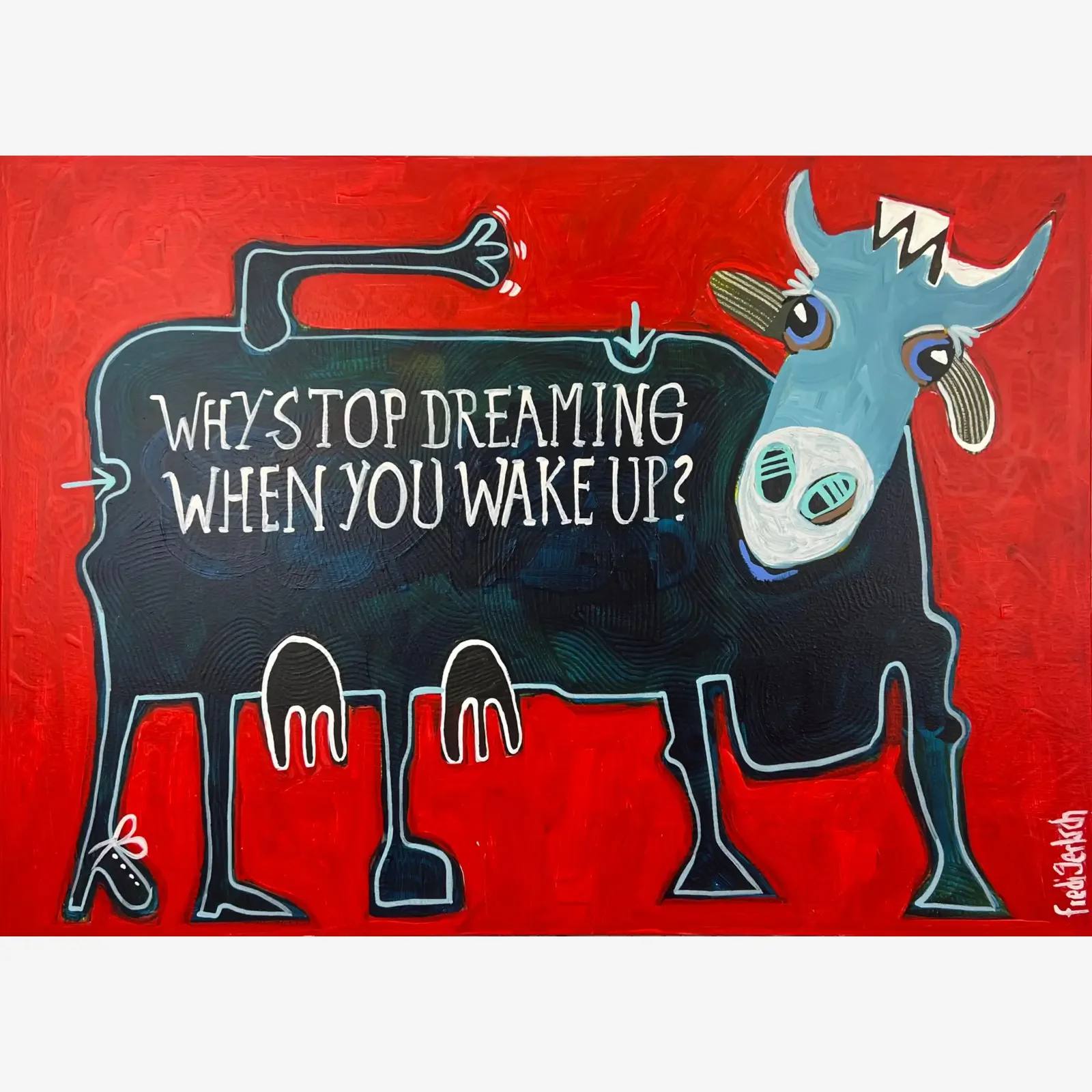 Dreaming in Red, Pop Art Acrylgemälde auf Leinwand mit Tiger im Zebra-Look und Spruch "Why stop dreaming when you wake up?", Fredi Gertsch, 2024