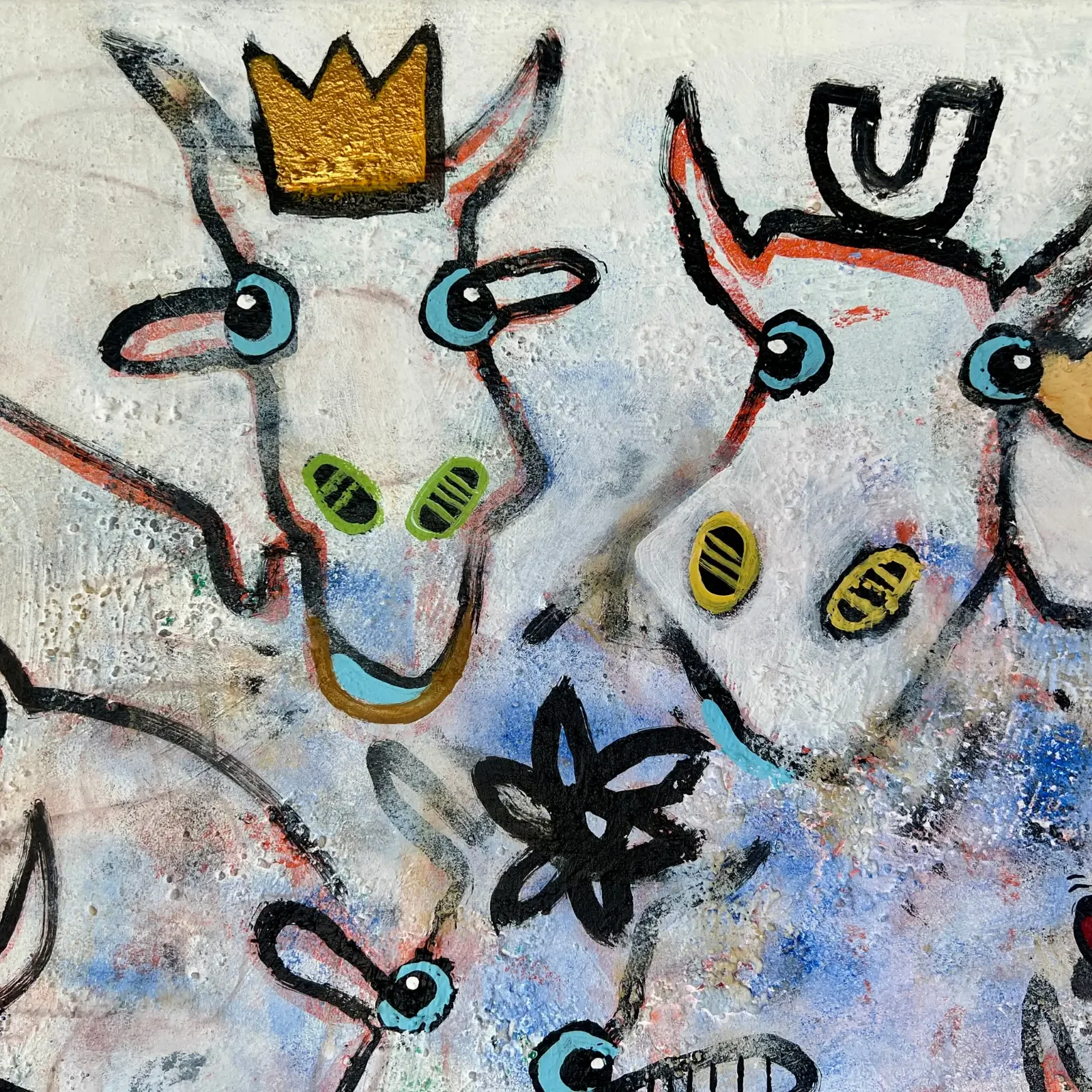 Detail Kuhgesicht und strukturierte Farbschichten, Pop Art Mixed Media We Are Family – Herde mit Herz, Fredi Gertsch, 2026