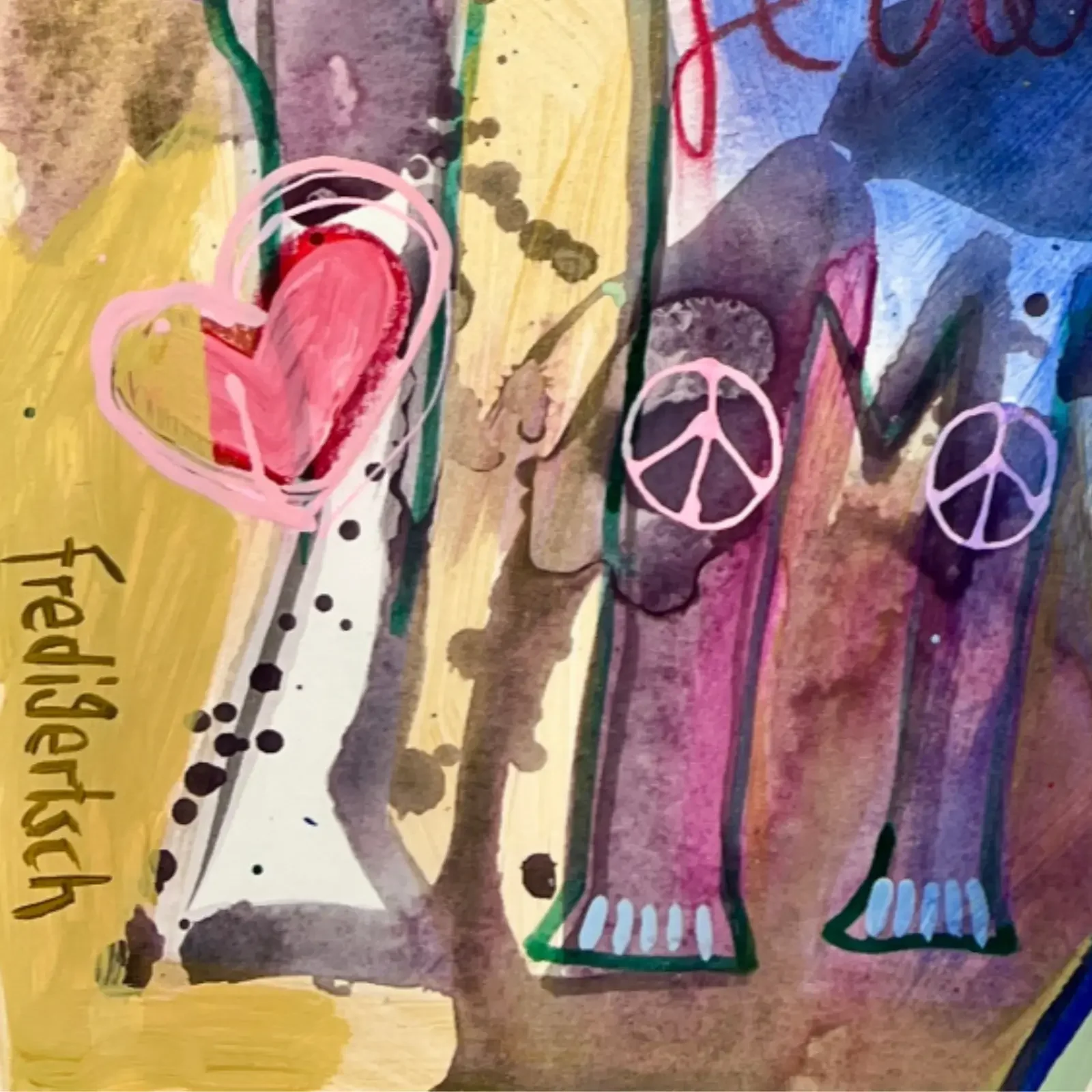 Detail Peace-Zeichen und Signatur, Pop Art Acrylgemälde VogelLisi – Flower Mind, Fredi Gertsch, 2026
