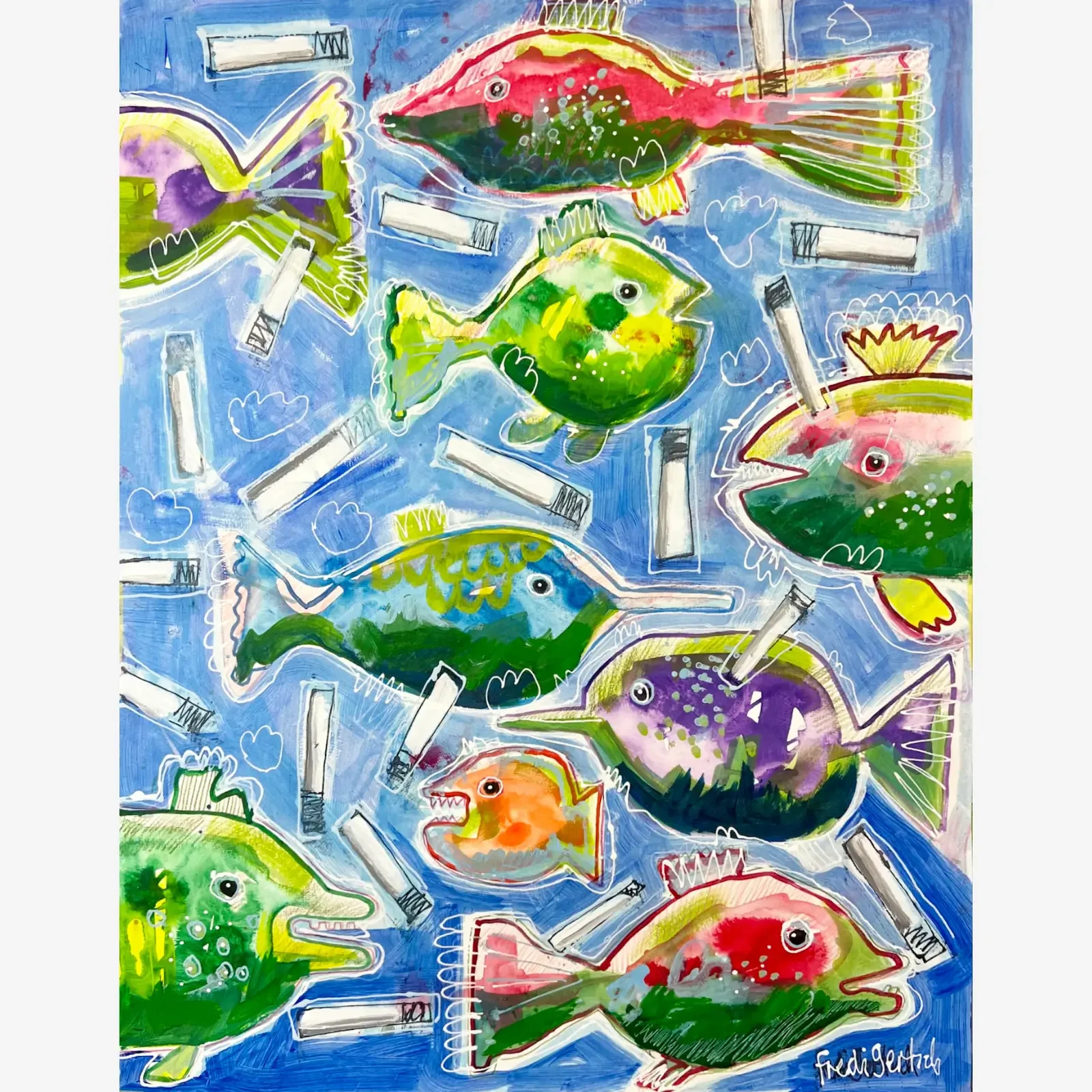 Im Schwarm allein, Pop Art Acrylgemälde auf Papier mit bunten Fischen und blauer Wasserfläche, Fredi Gertsch, 2024