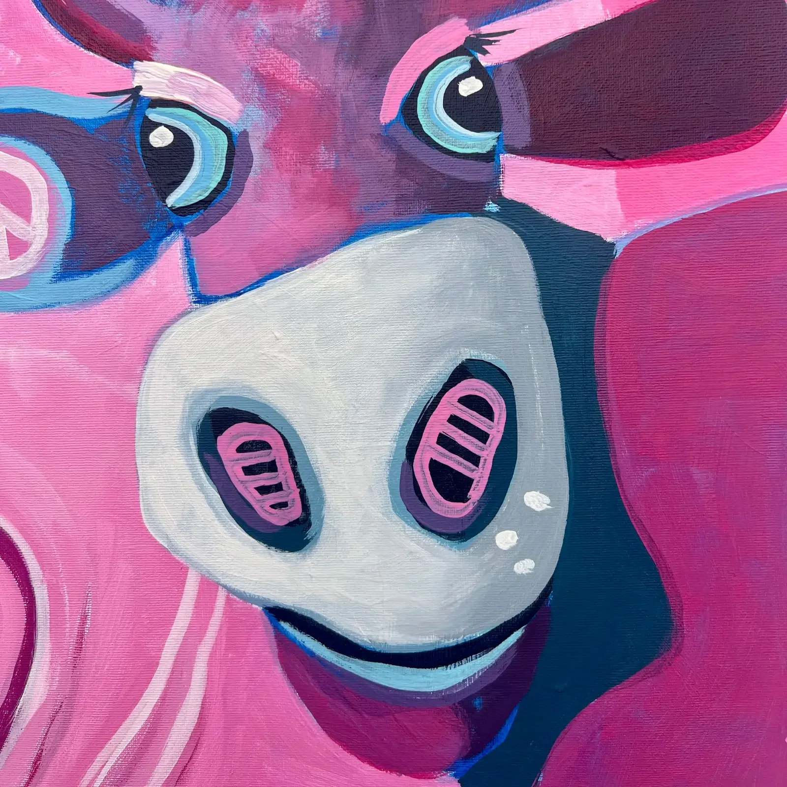 Detail VogelLisi-Kuhkopf in Pink und Violett, Pop Art Acrylgemälde Barbie & VogelLisi, Fredi Gertsch, 2023