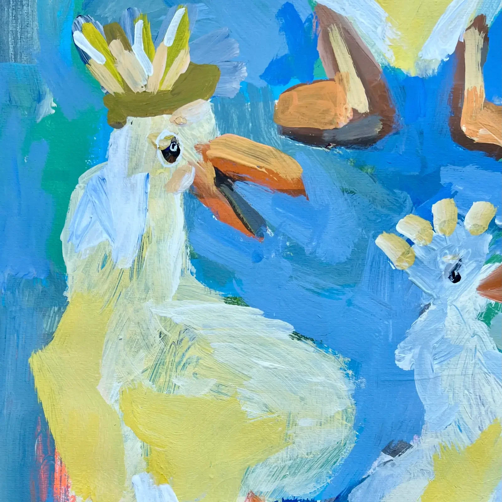 Detail Vogel mit Krone und orangefarbenem Schnabel, Pop Art Acrylgemälde Vogeltanz im Himmelblau, Fredi Gertsch, 2024