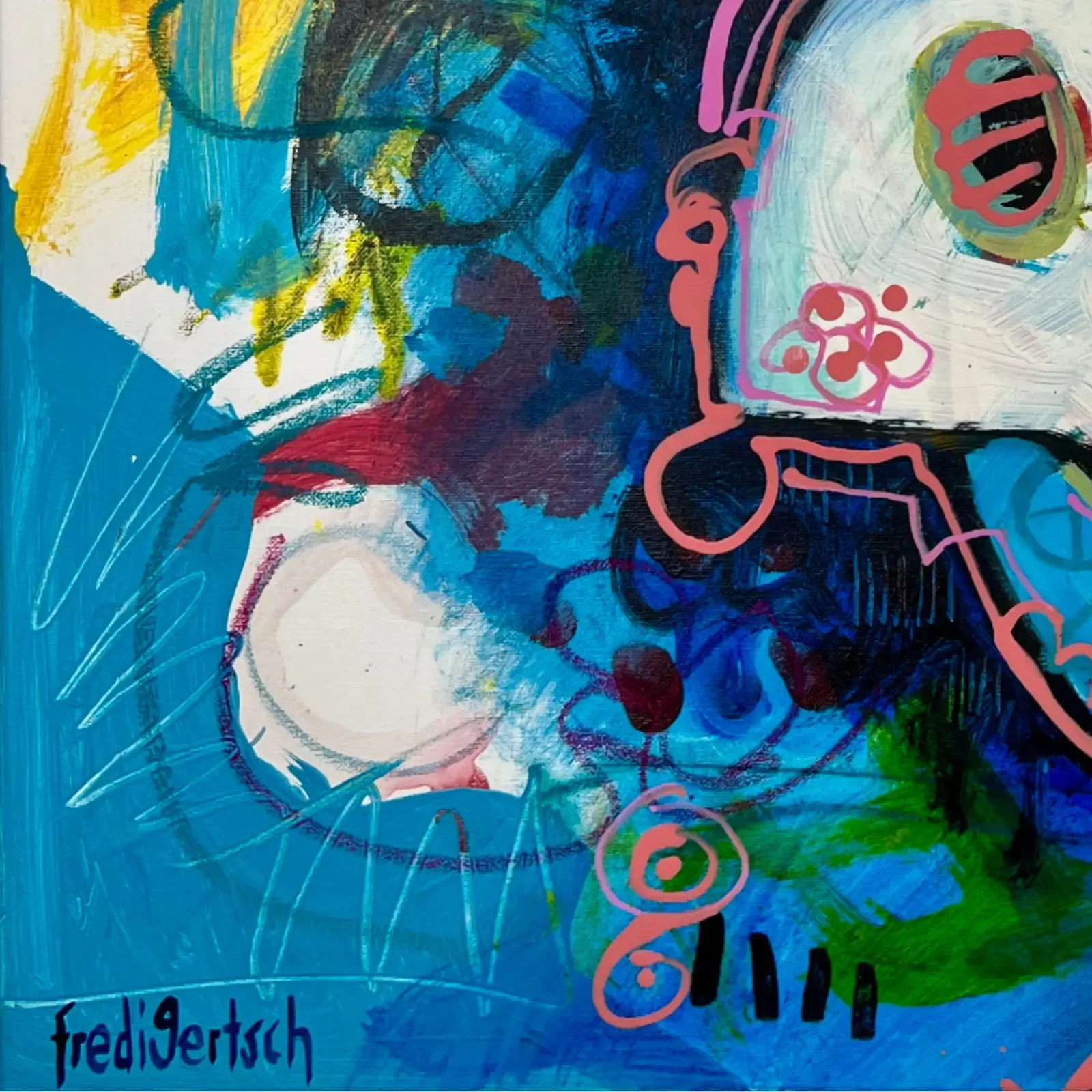 Detail pink-gelbe Akzente und Peace-Zeichen, Pop Art Acrylgemälde VogelLisi – Blue Harmony, Fredi Gertsch, 2026