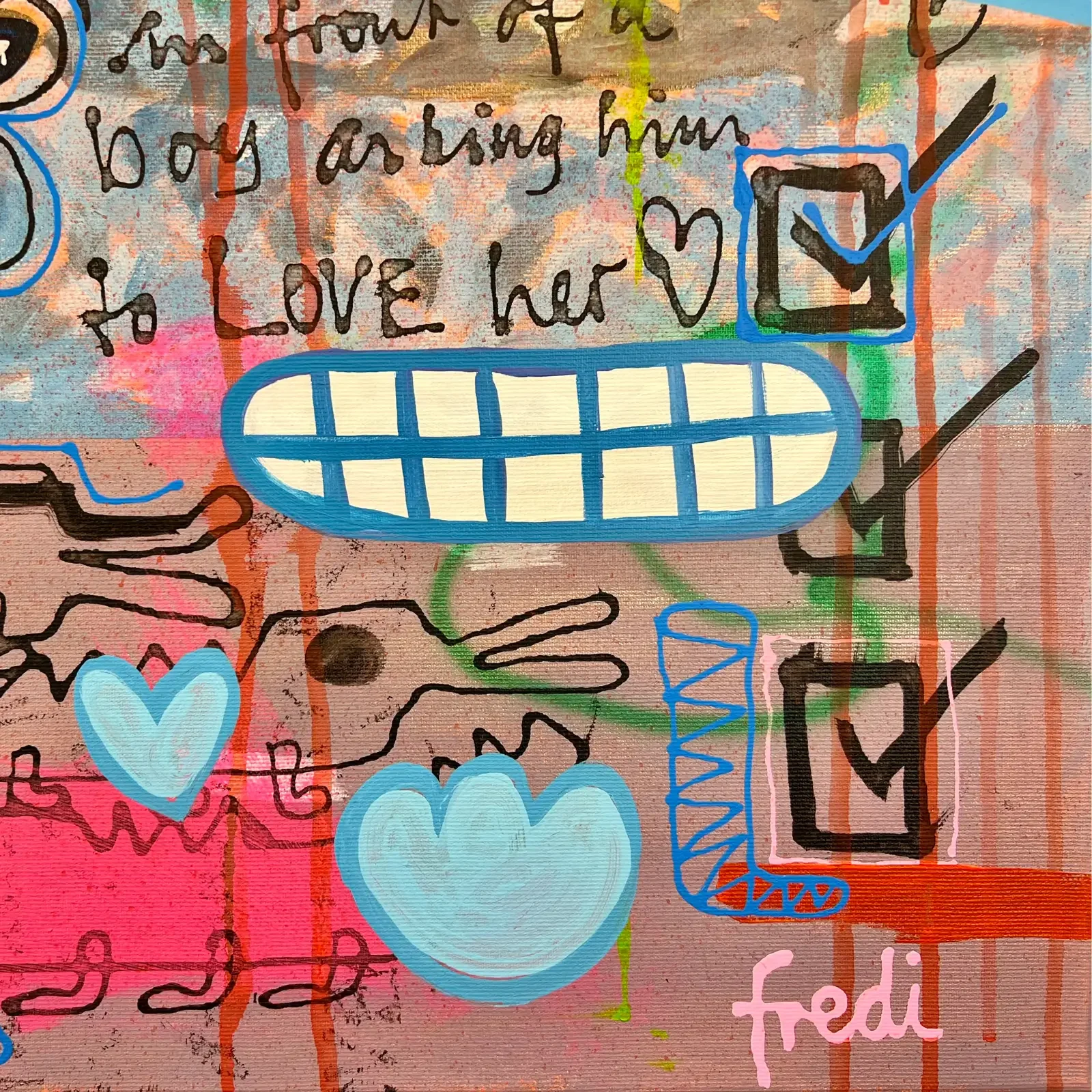 Detailansicht mit blauen Herzen, Checklisten und Text, Pop Art Acrylgemälde Baby Meets Banksy, Fredi Gertsch, 2024