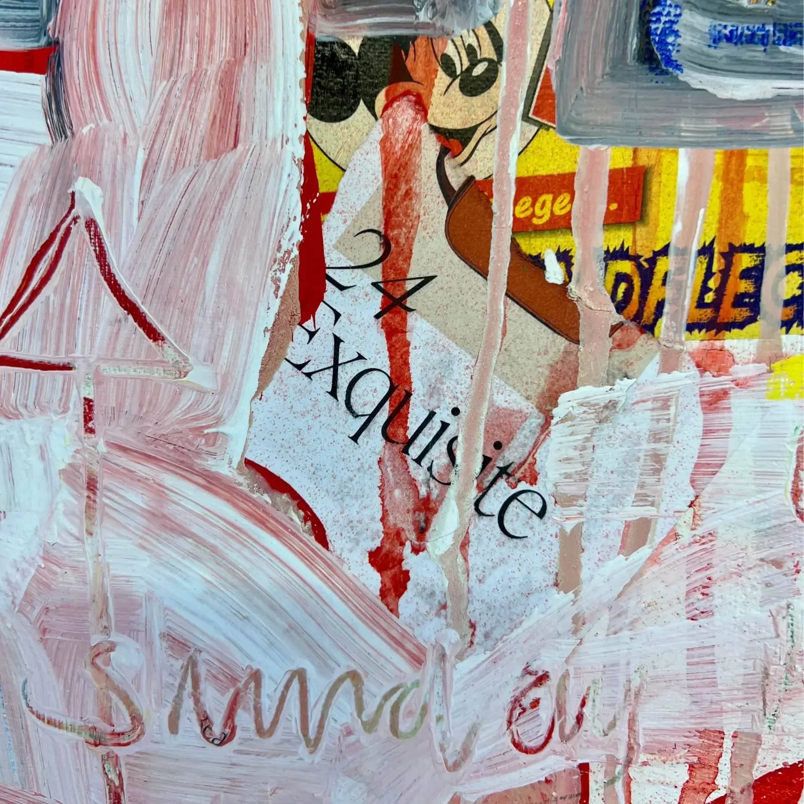 Detail Schrift und Collage, rosa und gelbe Farbakzente, Pop Art Acrylgemälde Partytime, Fredi Gertsch, 2024