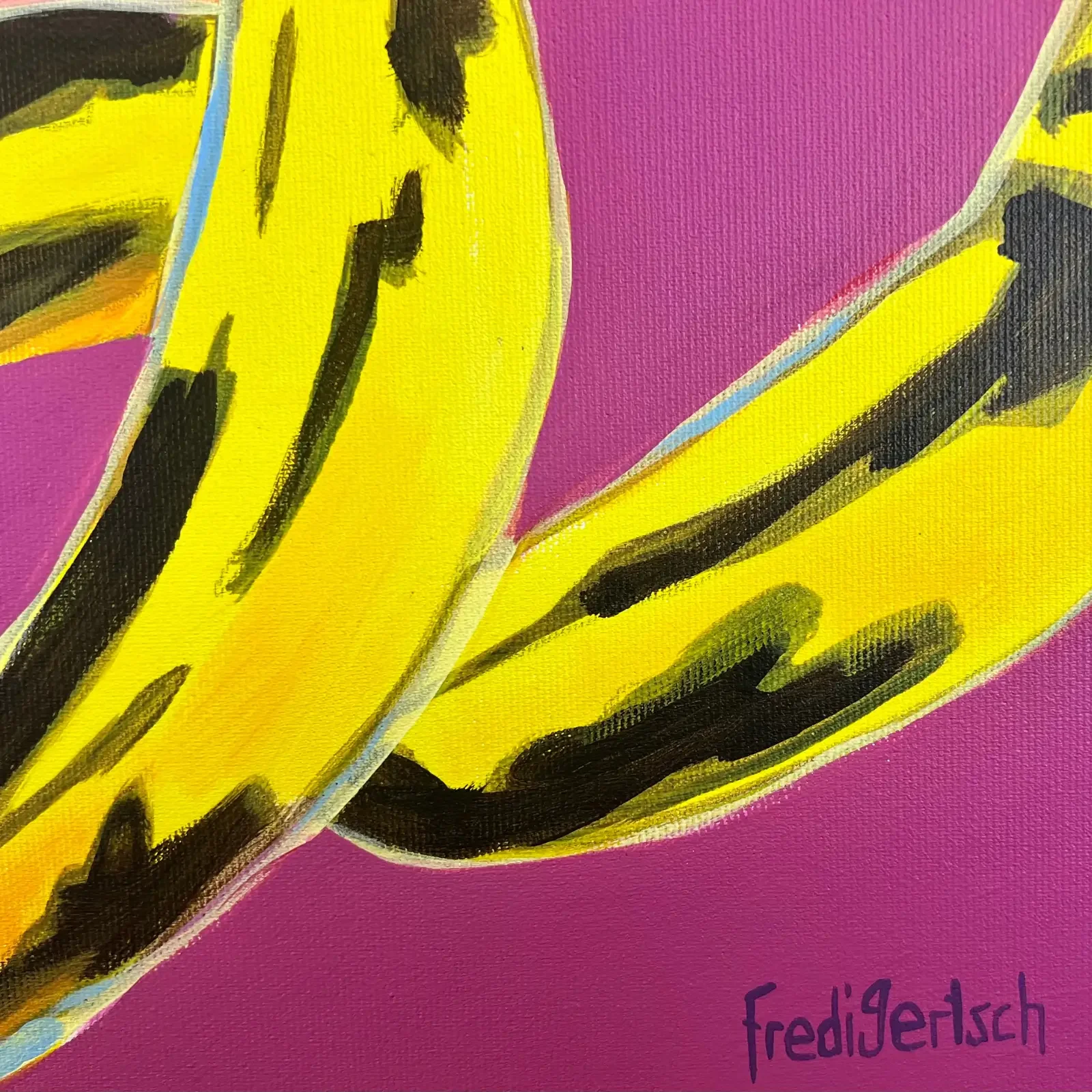 Detail gelbe Banane und Signatur, Pop Art Acrylgemälde Baby Meets Andy, Fredi Gertsch, 2024