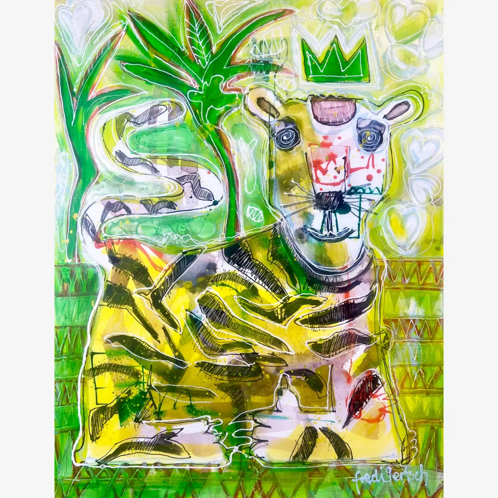 Dschungelkönigin, Pop Art Acrylgemälde auf Papier mit Tigerkuh, Krone und Palmen, Fredi Gertsch, 2024