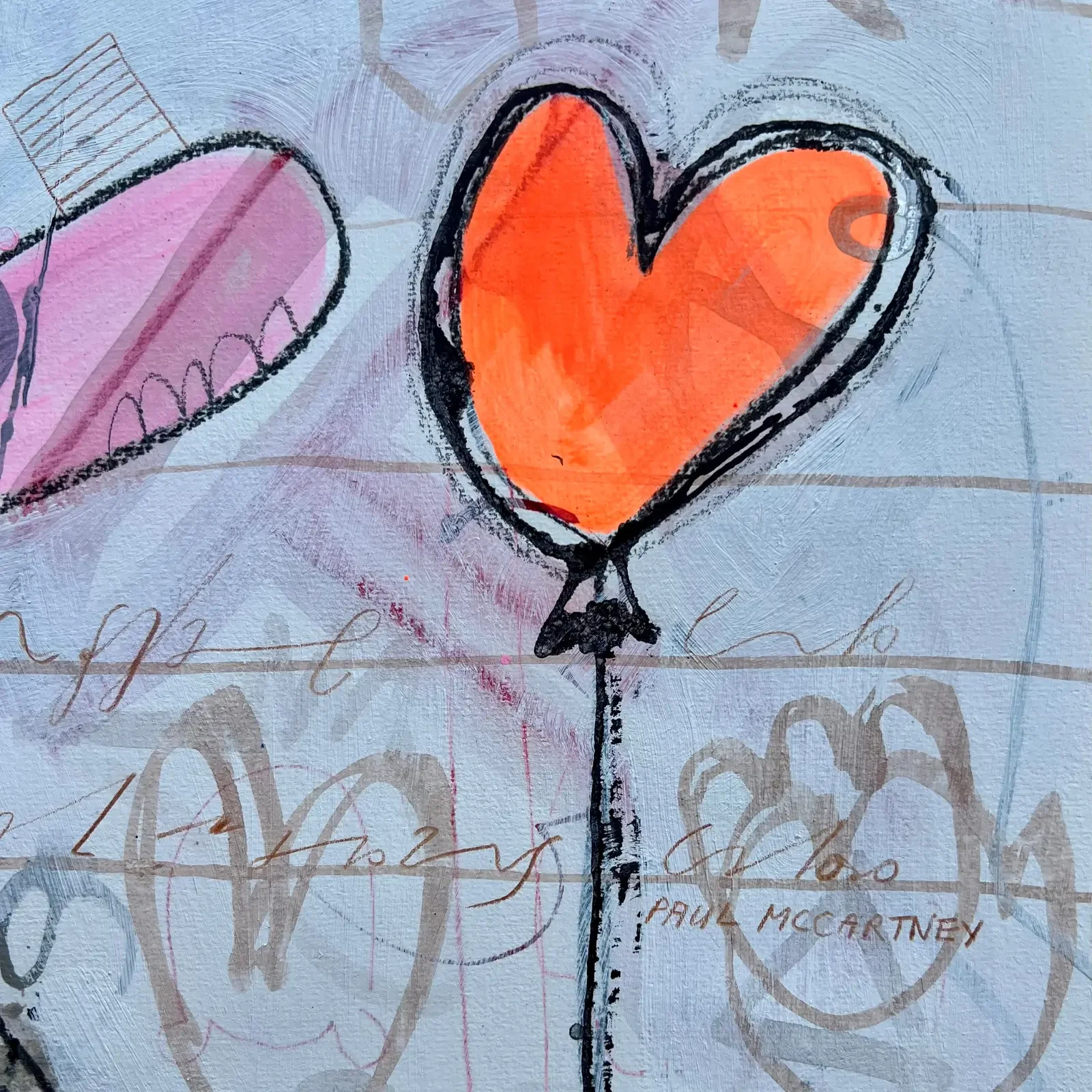 Detail oranger Herzballon, Pop Art Acrylgemälde Herz über Wolken, Fredi Gertsch, 2024