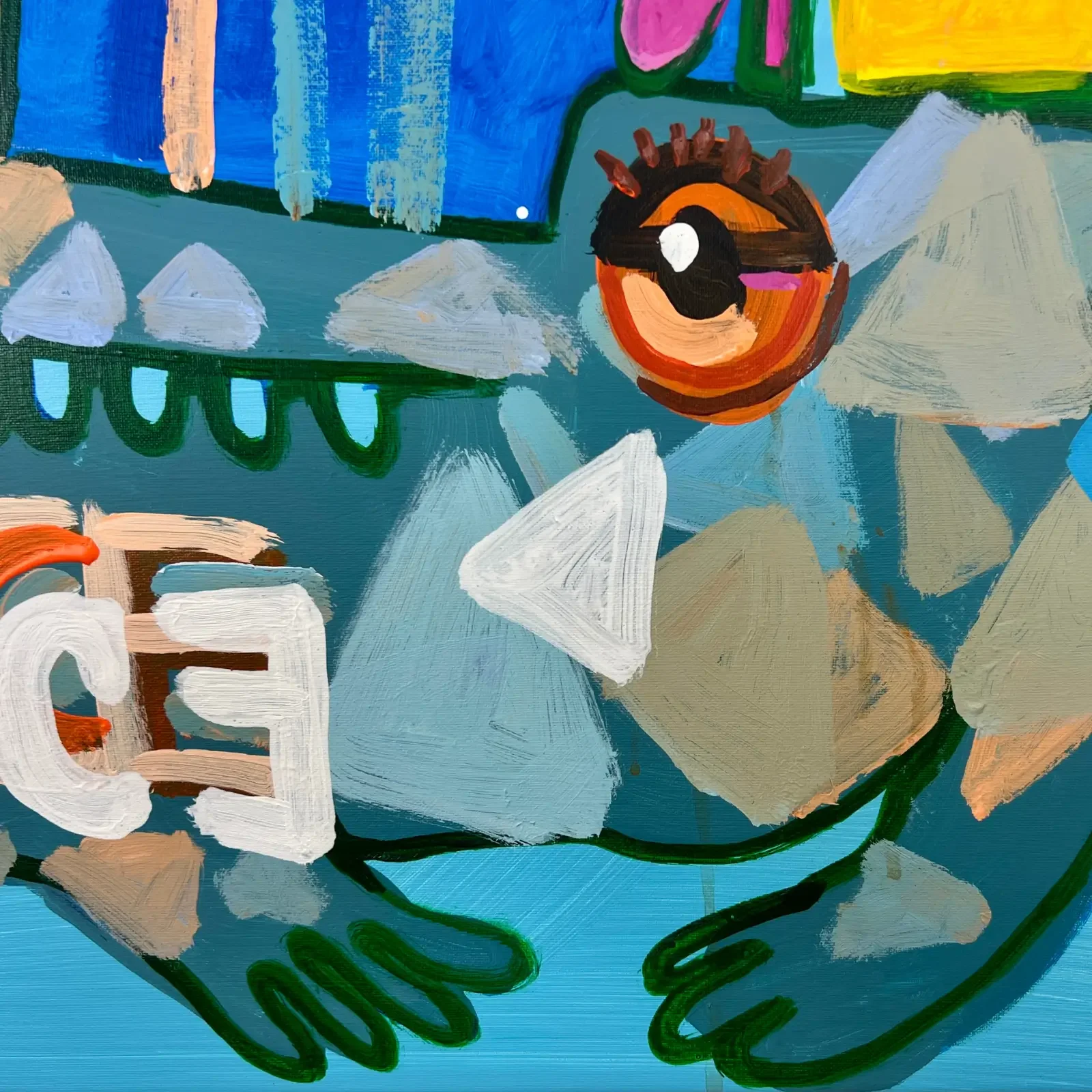 Detail Krokodilkörper und Farbfelder, Pop Art Acrylgemälde Tanz auf dem Krokodil, Fredi Gertsch, 2026