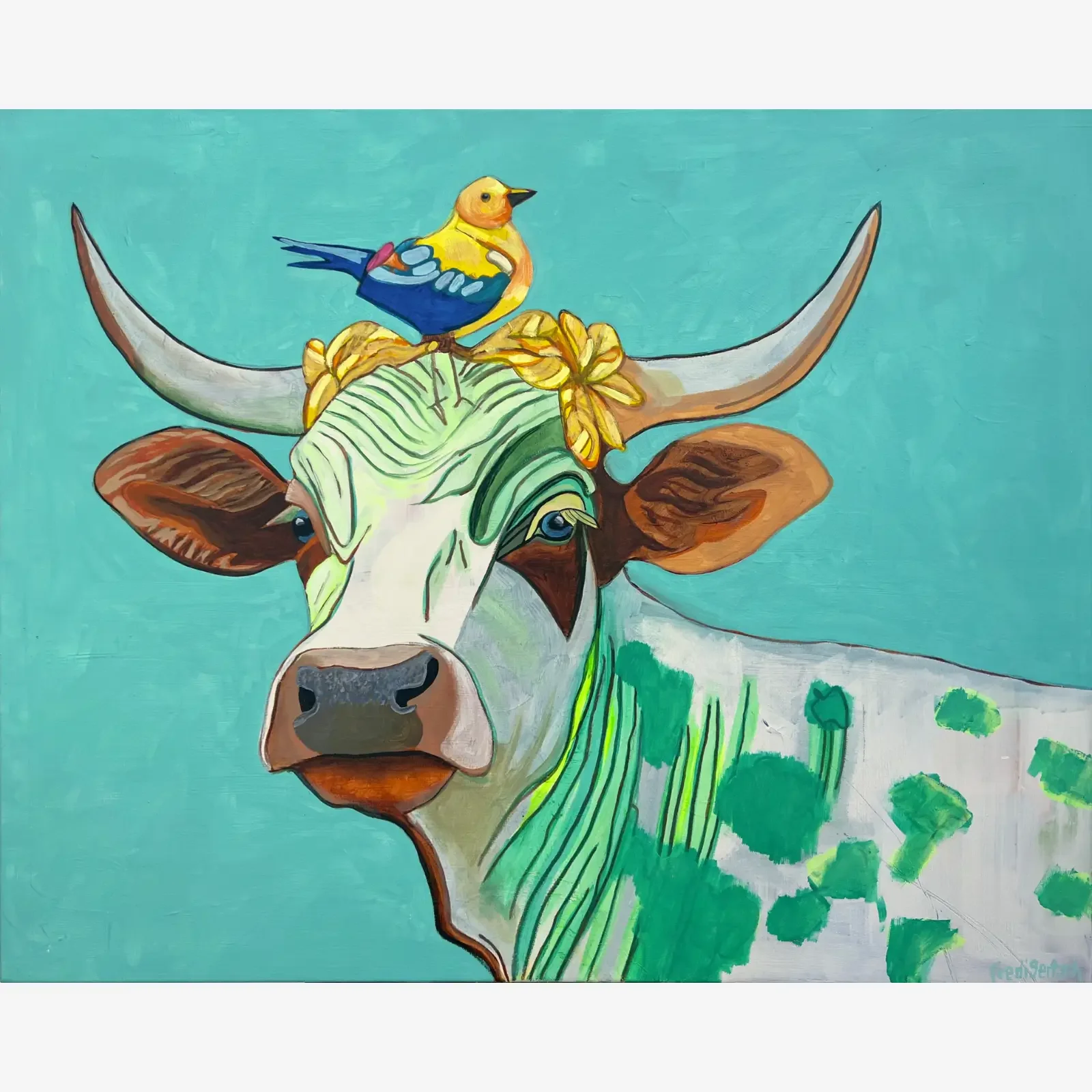 Serena, Pop Art Acrylgemälde auf Leinwand mit ruhiger Kuh, gelben Blüten und Vogel auf dem Kopf, Fredi Gertsch, 2023