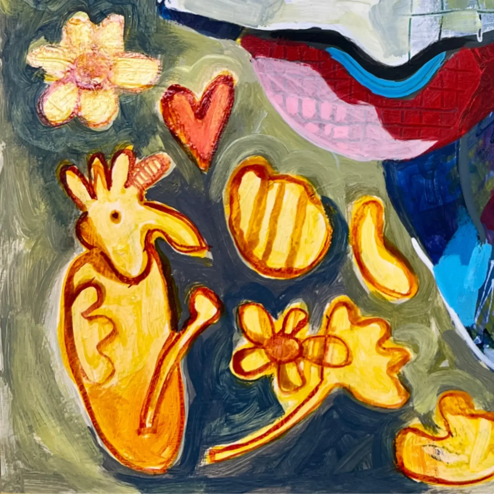 Detail gelbe Vögel, Blumen und Herzen, Pop Art Acrylgemälde VogelLisi – Golden Birds, Fredi Gertsch, 2026