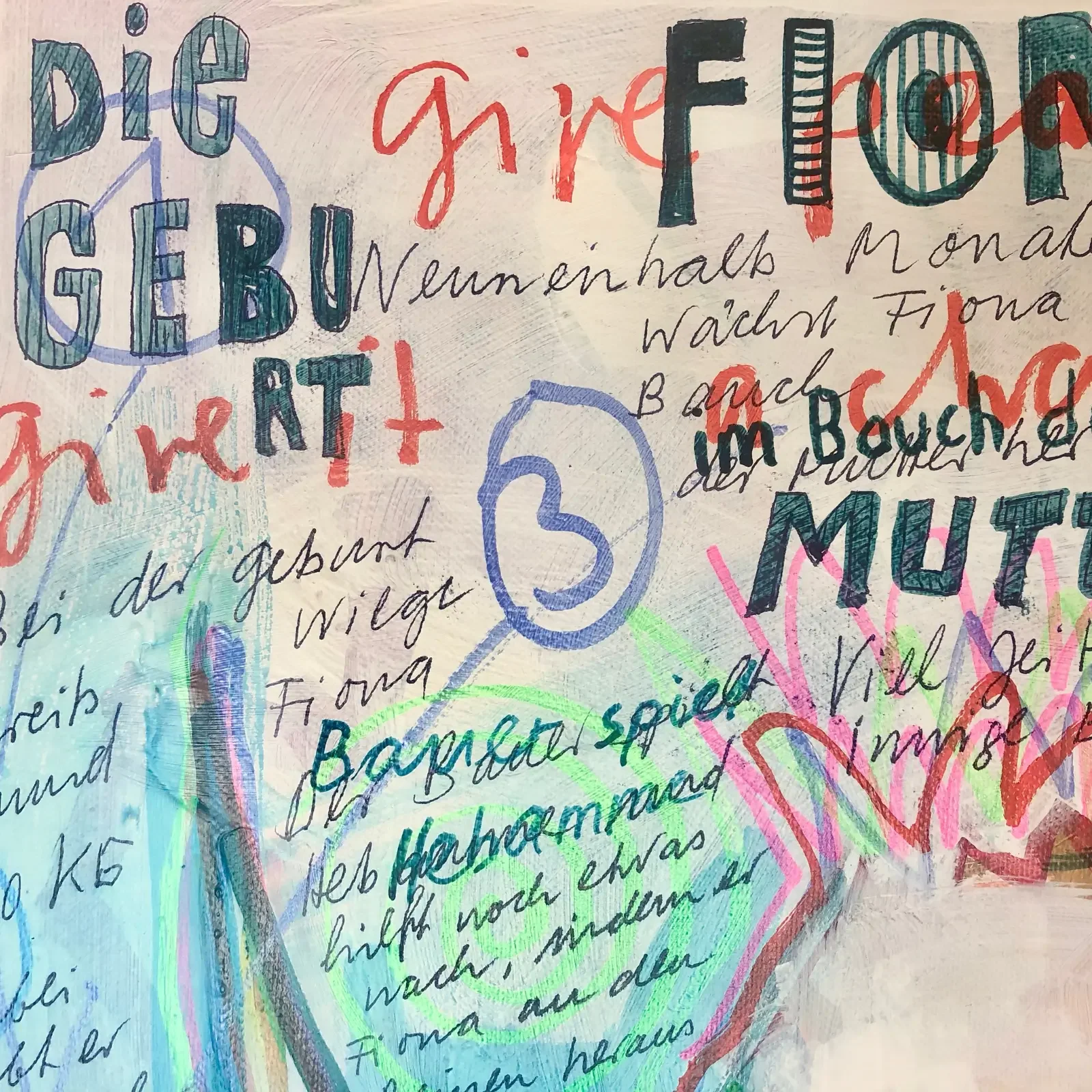 Detail Schriftzug "Geburt Mutter", Mixed Media Pop Art Kunstwerk Fiona’s Life, Fredi Gertsch, 2019