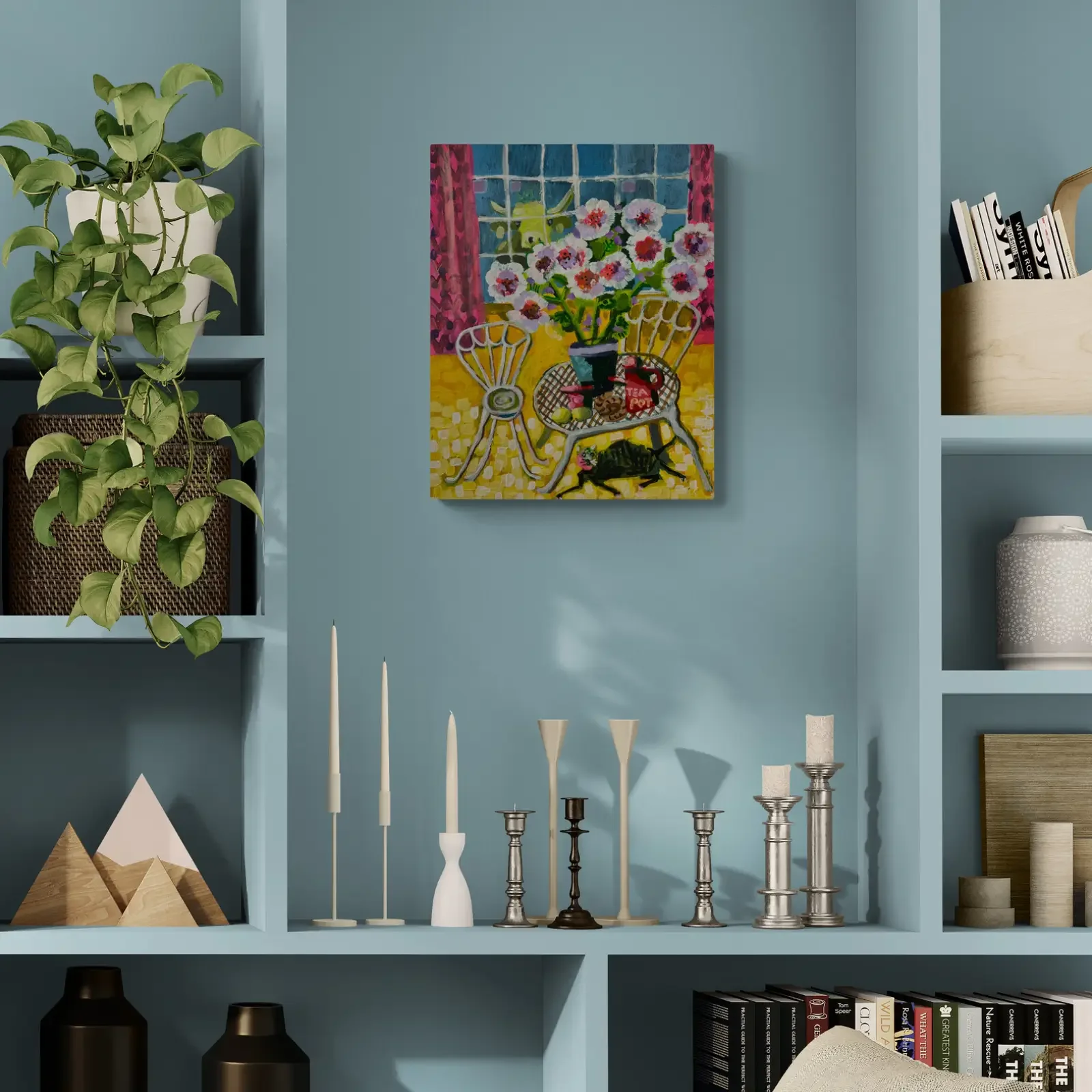 Tea Time im Blütenzimmer von Fredi Gertsch, Pop Art Acrylgemälde als Wandbild im modernen Wohnzimmer, 2024