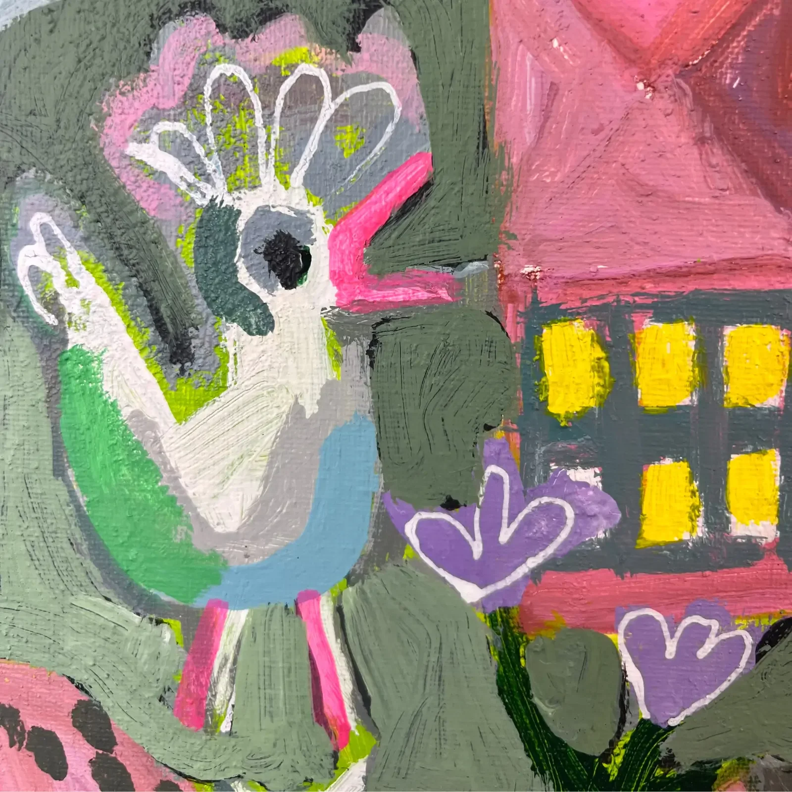 Detail bunter Vogel vor Haus, Pop Art Acrylgemälde Wo die Sterne wohnen, Fredi Gertsch, 2024