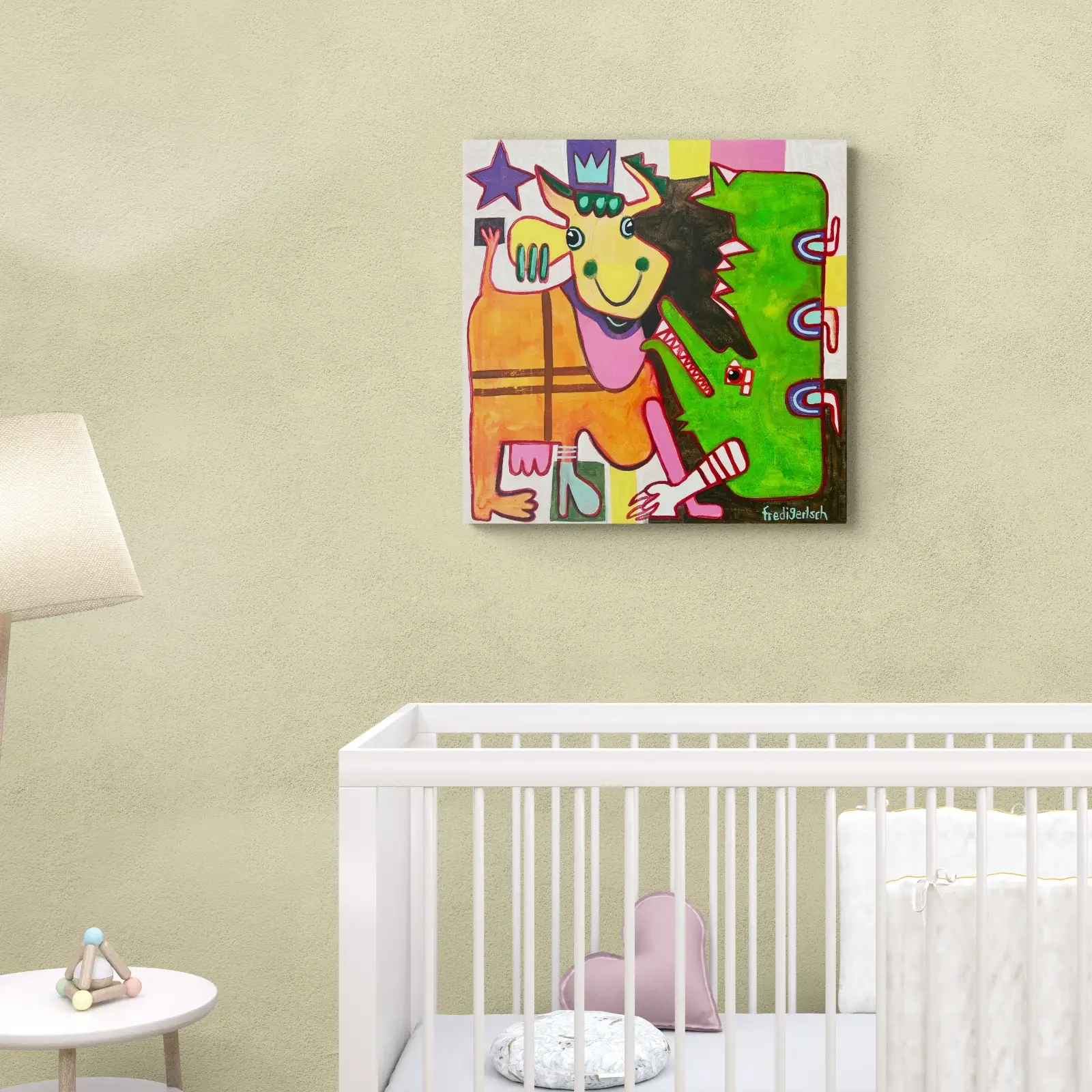 Crocodile Dundee, Pop Art Acrylgemälde von Fredi Gertsch, Wandbild im Kinderzimmer, Schweizer Kunst, 2023