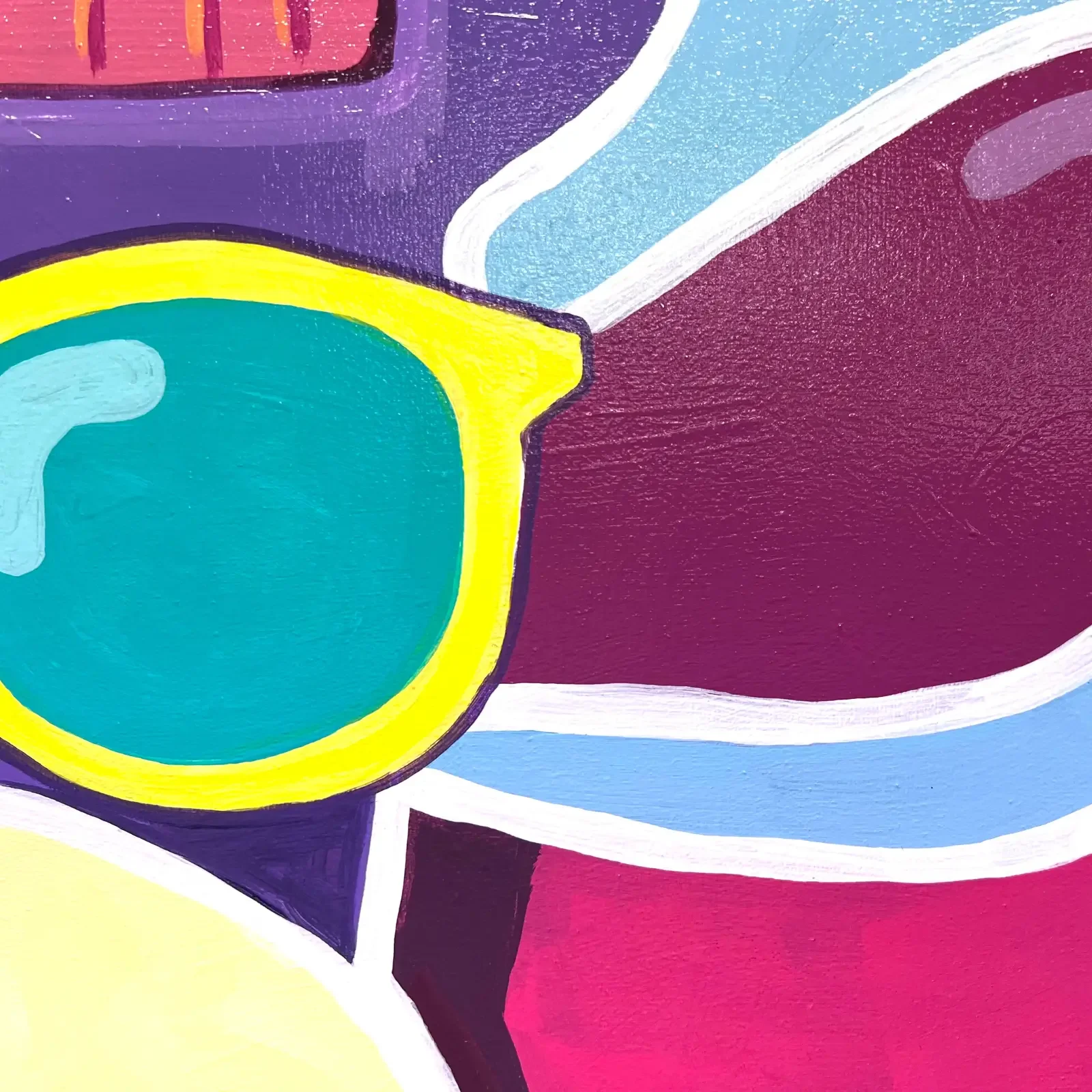 Detail gelbe Sonnenbrille, Pop Art Acrylgemälde VogelLisi – SunnyGirl, Fredi Gertsch, 2022