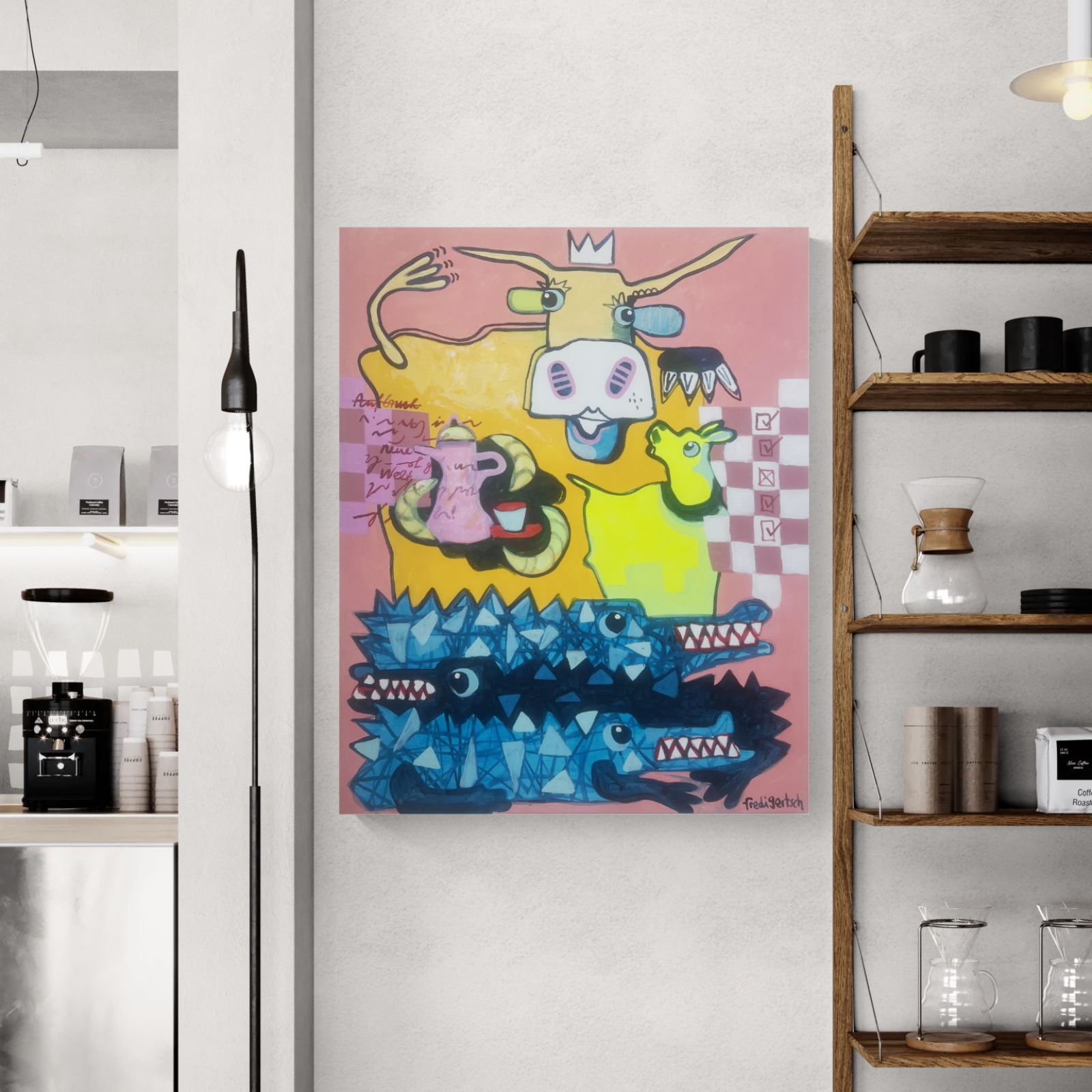 KrokoLove – Crown & Croco als Wandbild im Raum, Originalgemälde 2026 von Fredi Gertsch, Acryl auf Leinwand, 80x100 cm