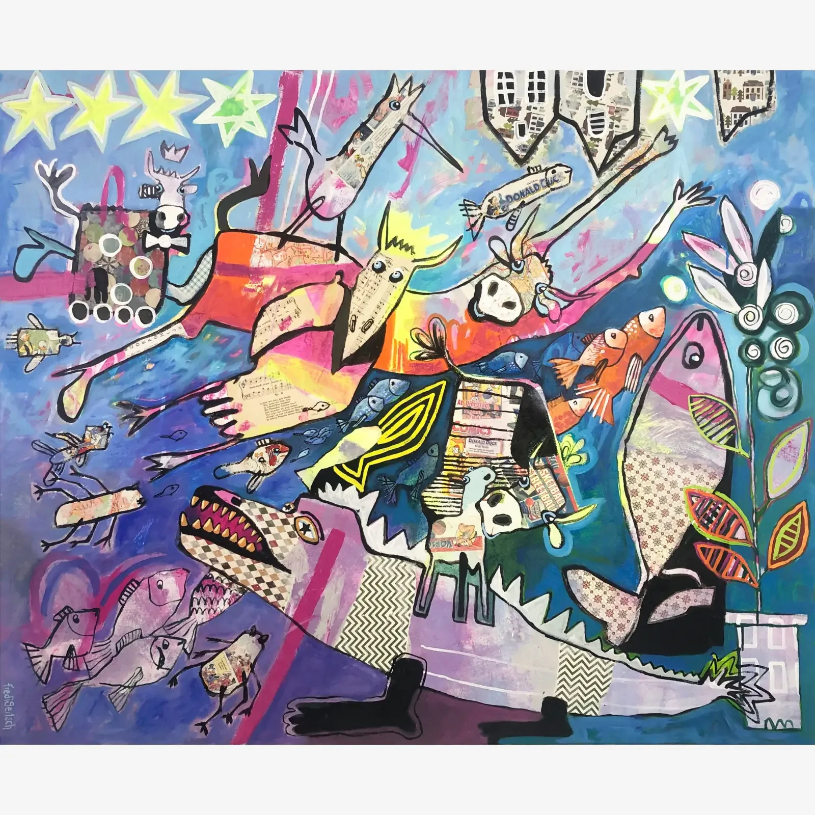 Under The Sea, Mixed Media Pop Art Kunstwerk auf Leinwand mit bunten Fischen, Kühen, Krokodilen und Sternen, Fredi Gertsch, 2020