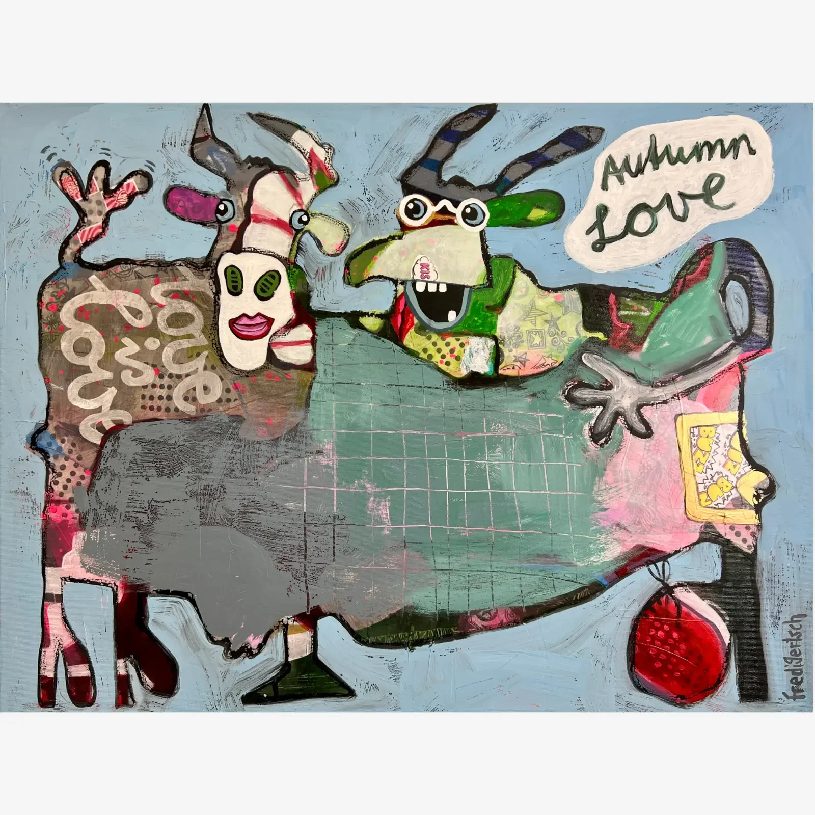 Autumn Love, Pop Art Acrylgemälde auf Leinwand mit zwei Kühen, Collage und Sprechblase "Autumn Love", Fredi Gertsch, 2025