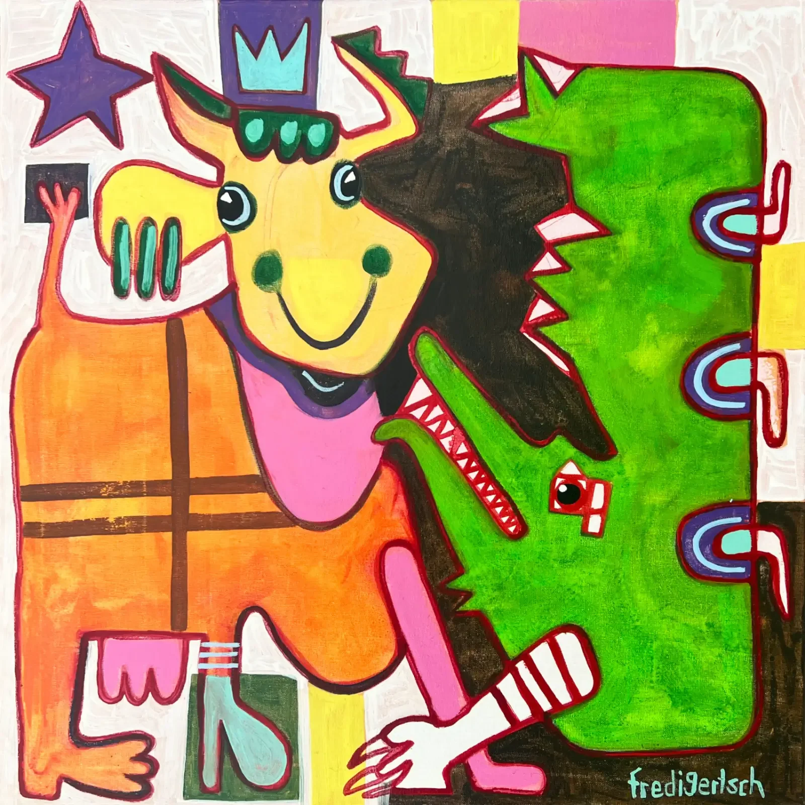 Crocodile Dundee, Pop Art Acrylgemälde auf Leinwand mit Kuh, Krone, Krokodil und Sternen, Fredi Gertsch, 2023