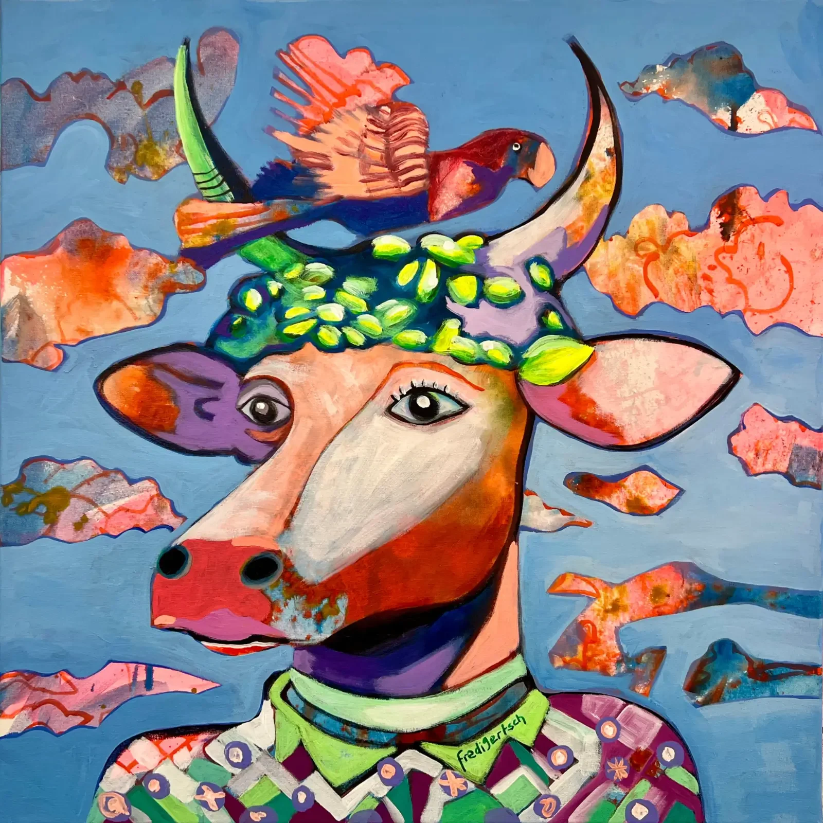 VogelLisi über den Wolken, Pop Art Acrylgemälde auf Leinwand mit Kuh, Vogel und bunten Wolken, Fredi Gertsch, 2024