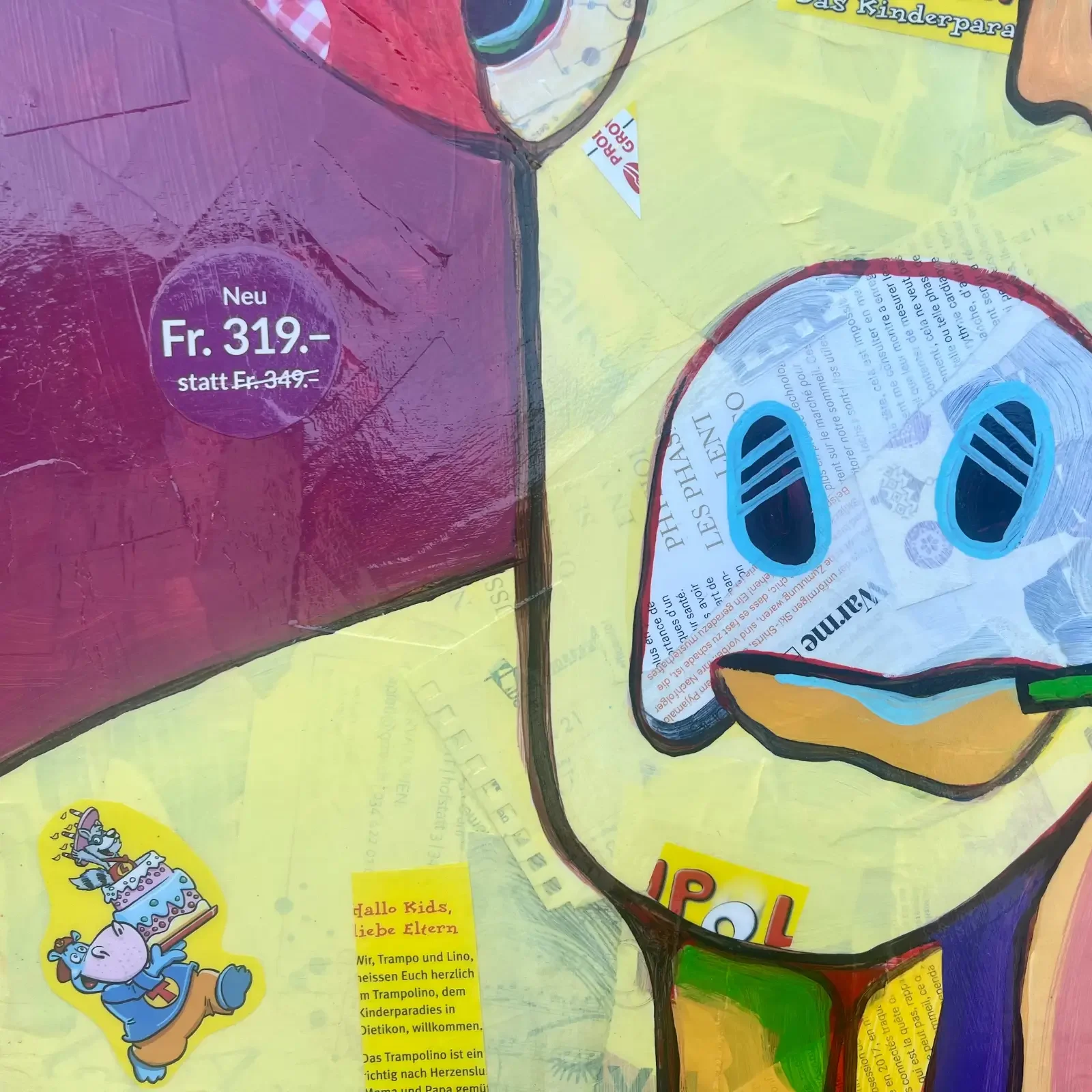 Detail Kuhgesicht mit Collage und Preisetikett, Pop Art Acrylgemälde Baby Marilyn, Fredi Gertsch, 2024