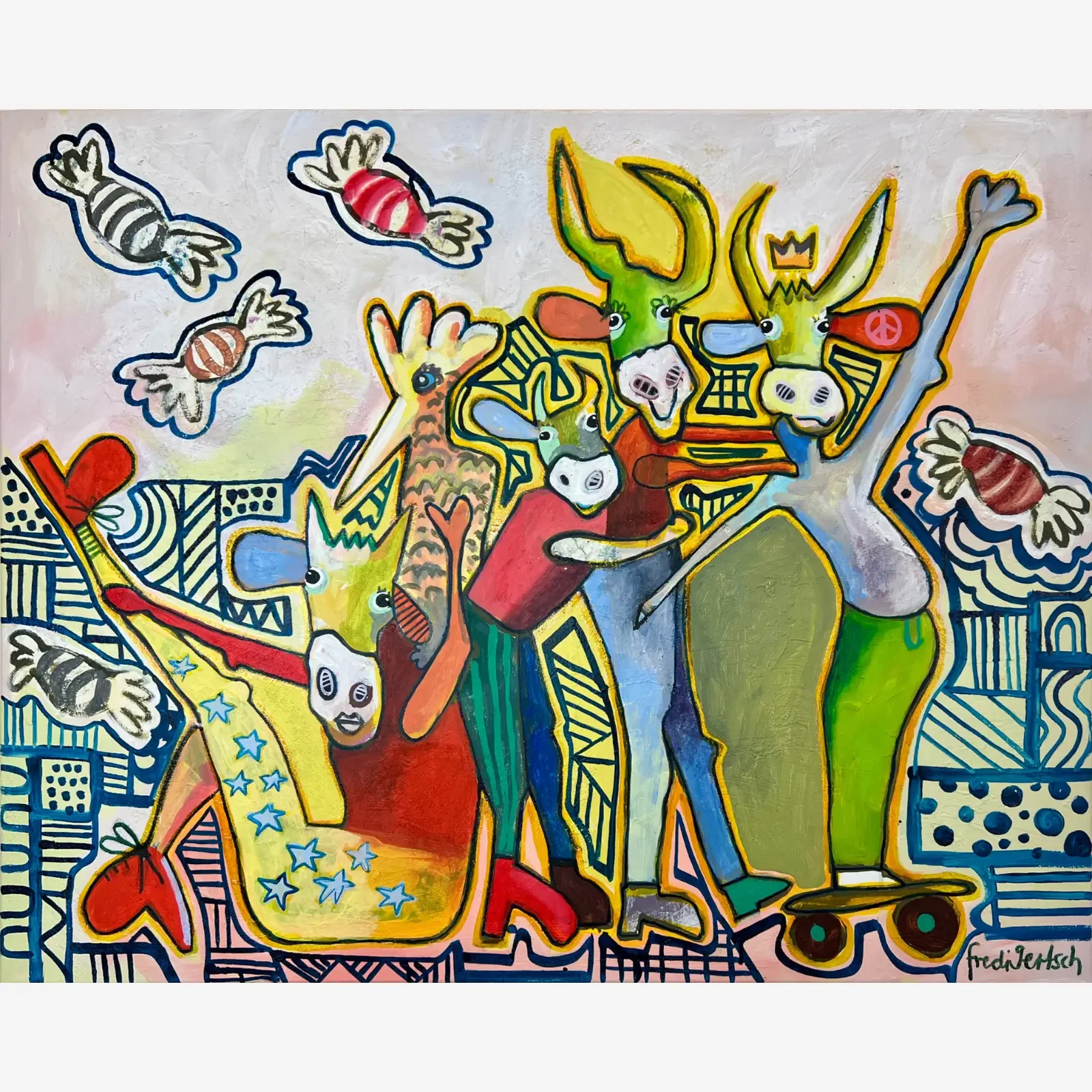 With A Little Help From My Friends – Candy Crew, Pop Art Acryl Mixed Media auf Leinwand mit Figuren, Kühen, Herzen und grafischen Mustern, Fredi Gertsch, 2026