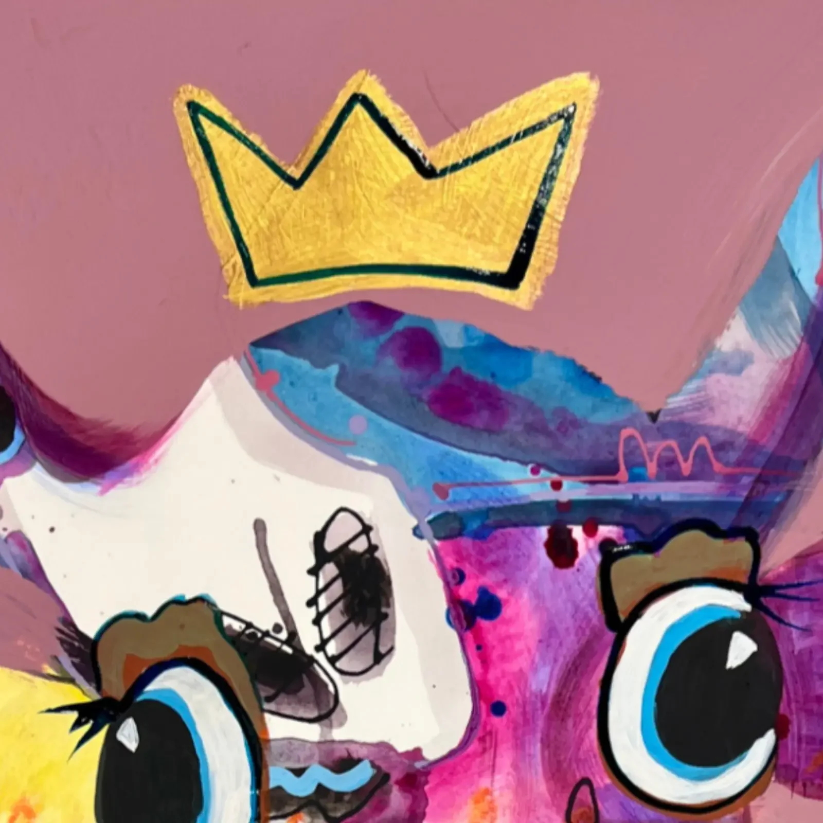 Detail goldene Krone und Peace-Symbol, Pop Art Acrylgemälde VogelLisi – Pink Royal, Fredi Gertsch, 2026