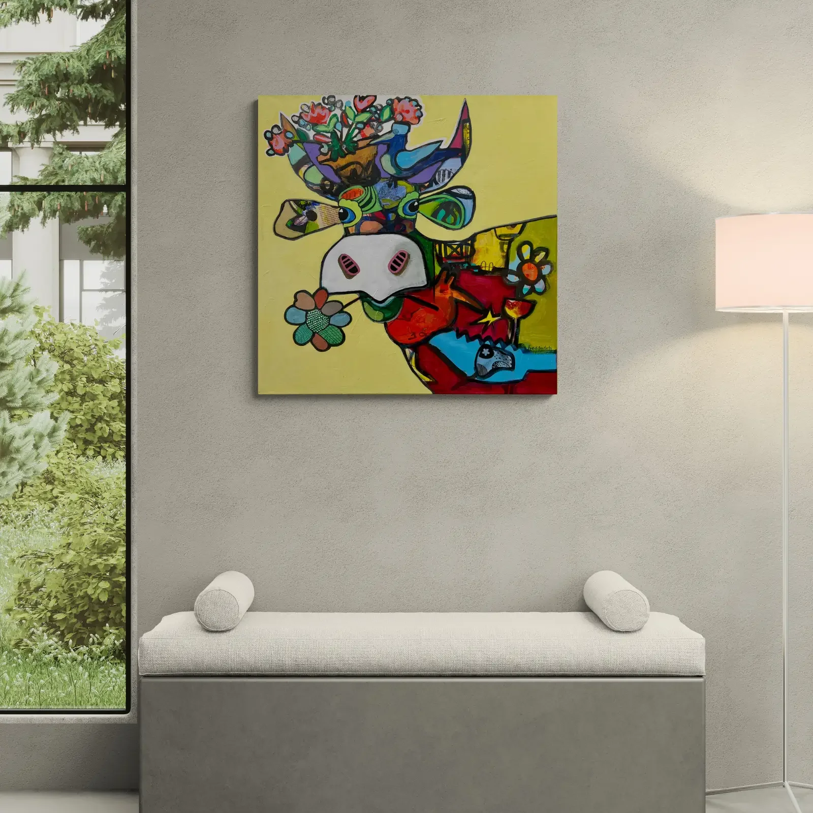 VogelLisi – Sunshine Bouquet von Fredi Gertsch, Pop Art Wandbild im Schlafzimmer, 2026