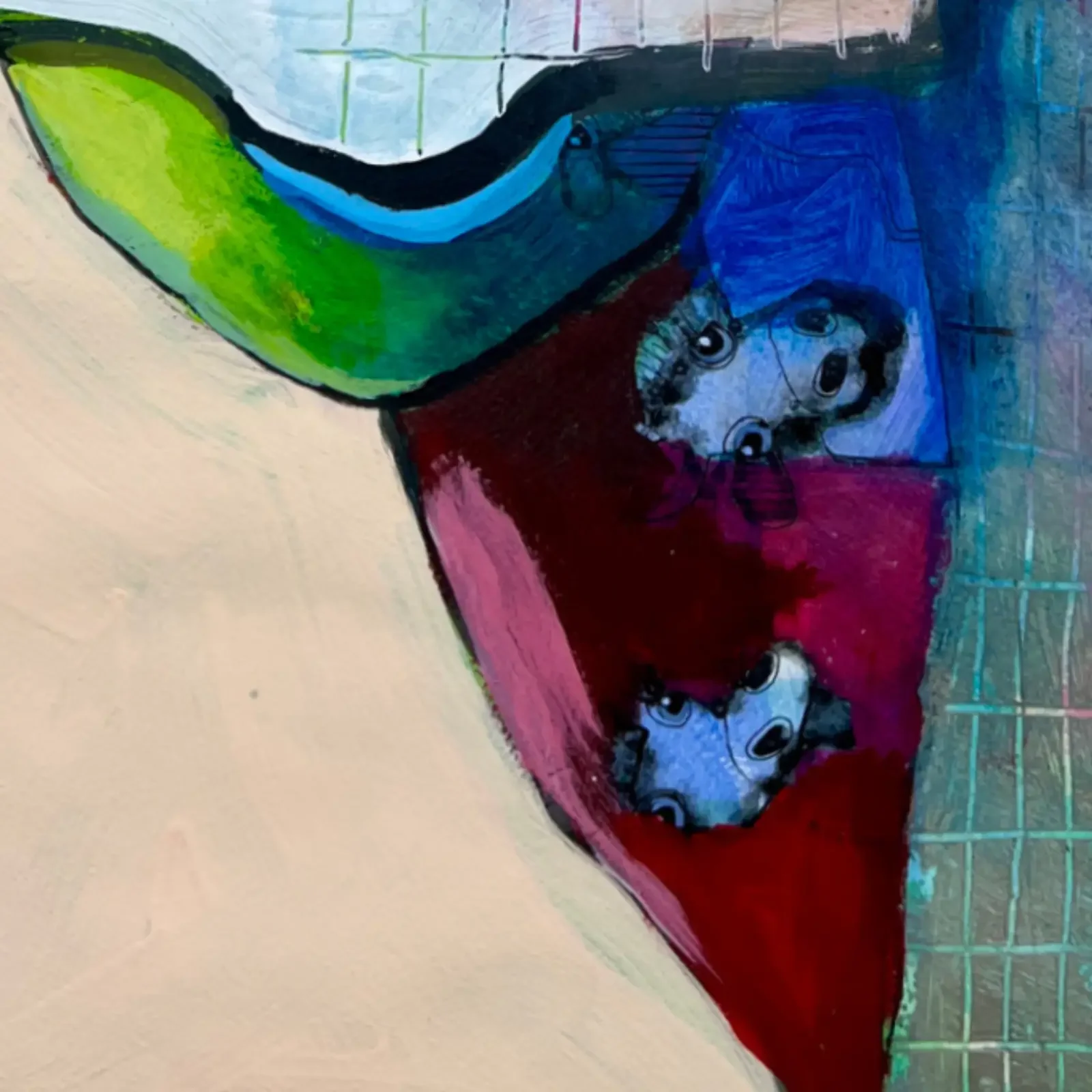 Detail unterer Bildbereich mit grüner und roter Farbfläche, Pop Art Acrylgemälde VogelLisi – Green Peace, Fredi Gertsch, 2026