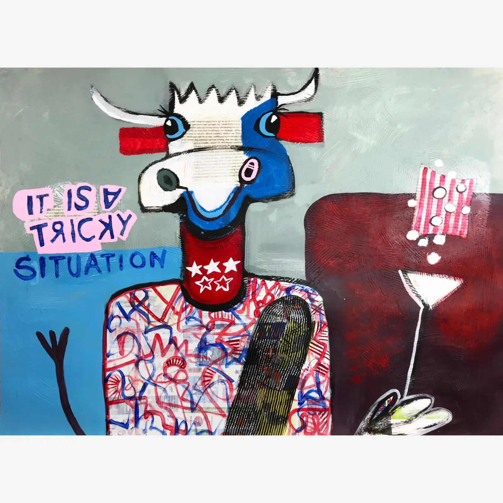 It’s a tricky situation, Pop Art Mixed Media Kunstwerk auf Karton mit Kuh, Krone, Schriftzug und Martini-Glas, Fredi Gertsch, 2018